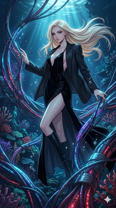 score_9, masterpiece, best quality, ultra-detailed, high-budget anime movie keyframe, cinematic anime lighting, intricate line art, Korean woman. Low angle cowboy shot capturing a powerful motion and statuesque presence. interfacing with a network of