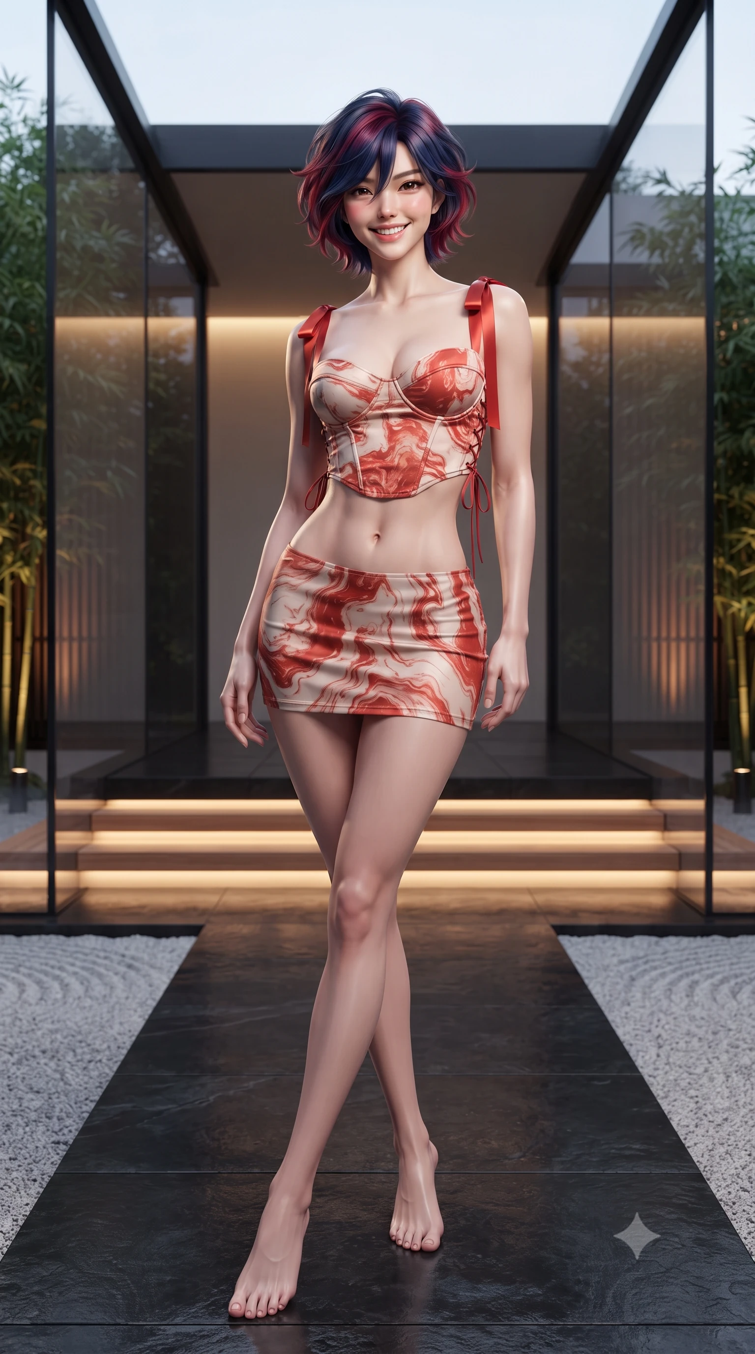 score_9, masterpiece, best quality, ultra-detailed, high-budget anime keyframe, editorial fashion photography, tasteful artistic composition, Korean woman. low angle full-body shot from head to toe showing her feet, filling the entire 9:16 vertical frame with her statuesque presence, stretching her vertical silhouette. lounging on the lavish daybed with legs crossed and hips angled toward the camera, displaying her toned midriff and long slender limbs with effortless siren poise while standing poised on the floating black slate terrace inside the minimalist frameless glass pavilion, arching her lower back with ultra-refined supermodel poise. The surrounding environment is rendered in vivid detail and crisp panoramic clarity: sharp raked gravel groove shadows, polished black slate paver textures, and natural bamboo node rings in deep focus. She has an exceptionally tall and slender model-like 8.5-heads proportion, an ultra-slim waist, a flat toned midriff, narrow delicate ribcage, and beautifully sculpted feminine hips creating a graceful, slim hourglass silhouette without any bulky heaviness, with impossibly long slender legs. sharp v-shaped jawline, high-bridge nose, intricate jewel-like sparkling eyes with depth, thick eyelashes, glossy parted lips with a natural peach sheen, bright cheerful beaming smile with an enchanting and coquettish sensual glint, exuding both youthful cute charm and seductive allure, flawlessly proportioned anatomical accuracy, strict slender model proportions, natural body alignment, perfectly sculpted long slender limbs, ultra-slim waistline, clean dynamic posture without body distortion. wearing a sculpted satin underwire crop bustier with lace-up side ties paired with a micro skirt in Cordoba vermilion red and ivory alabaster marble, made of fluid liquid jersey with seamless sculpting hold and smooth contours, finished with satin ribbon ties at the shoulders fluttering in the gentle breeze, the precision-cut side openings and low-back scoop framing her graceful spine and the sensual sweep of her slim, toned hips. bathed in the warm 2700K indirect cove illumination concealed beneath floating cedar steps and bamboo uplights. ultra-reflective glossy finish, specular highlights, rich textural contrasts, high-contrast stereoscopic depth, volumetric dynamic lighting, 2k, ultra detail, master piece, 9:16 ratio