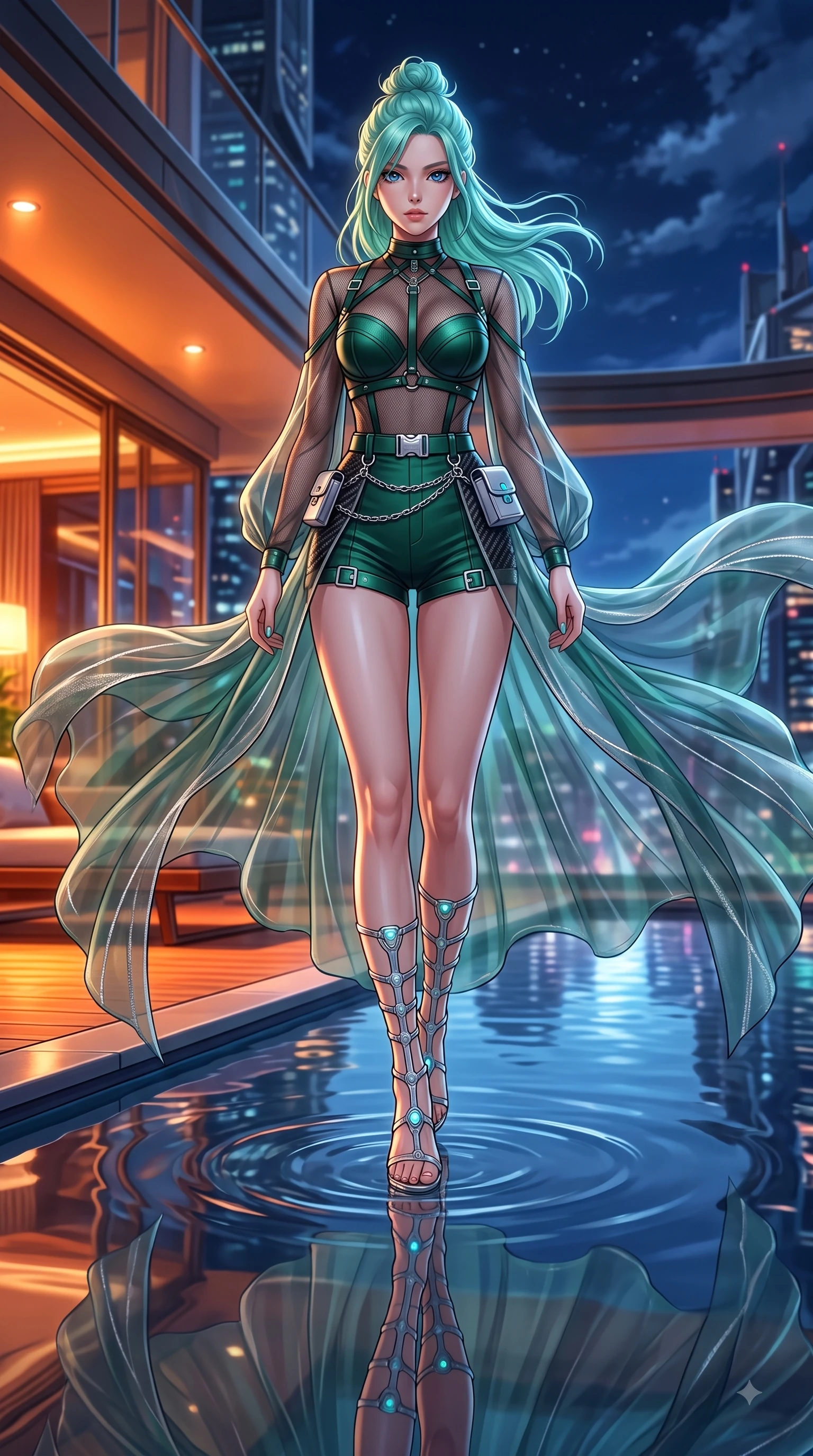 score_9, masterpiece, best quality, ultra-detailed, high-budget anime keyframe, editorial fashion photography, tasteful artistic composition, Japanese woman. low angle full-body shot from head to toe showing her feet, filling the entire 9:16 vertical frame with her statuesque presence, stretching her vertical silhouette. forging dynamically through the scene with her long slender legs and ultra-slim waist creating a sweeping curve while stepping along a private pool terrace as gentle night breezes flutter her translucent gossamer gown, still pool water reflecting her statuesque figure and the dramatic night sky flawlessly. She has an absolutely perfect, statuesque 8.5-heads proportion, an exceptionally tall and slender model-like female figure with impossibly long slender legs and an ultra-slim waist. sharp v-shaped jawline, high-bridge nose, intricate jewel-like eyes with depth, thick eyelashes, glossy lips with a natural sheen, flawlessly proportioned anatomical accuracy, natural body alignment, perfectly sculpted elegant limbs, clean dynamic posture without body distortion. wearing a delicate see-through mesh top with structured cup boning and micro-shorts in deep emerald green and silver accent, made of fine carbon-fiber weave and soft matte leather, detailed with polished silver buckles along the waistline, the form-contouring material highlighting her ultra-slim waist and long lines. bathed in warm luxury ambient lighting and soft silver moonlight tracing every curve. highly saturated vibrant anime colors, detailed shading with soft gradients, rich glossy textures, high-contrast stereoscopic depth, volumetric dynamic lighting, master piece, 9:16 ratio