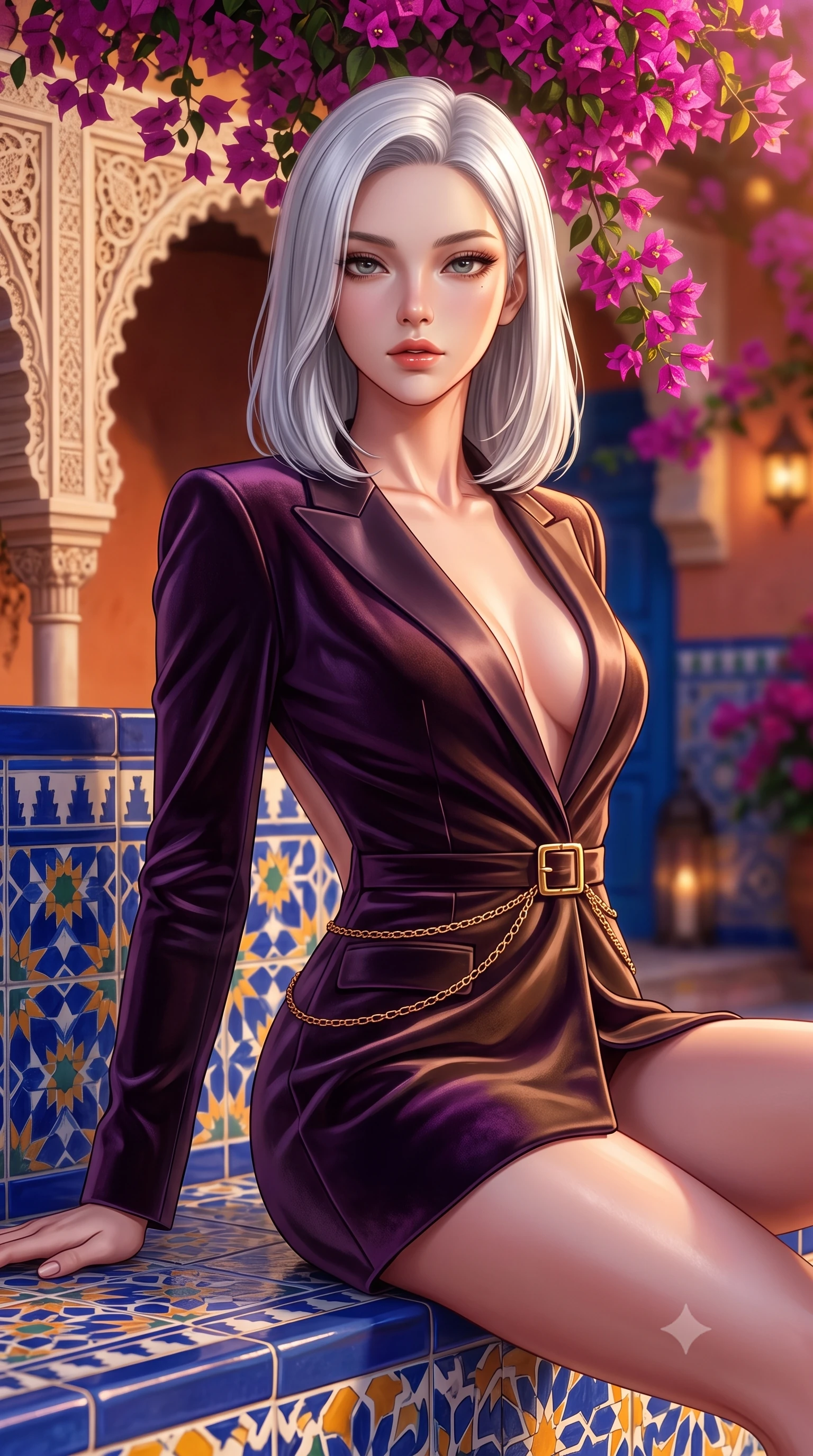 score_9, masterpiece, best quality, ultra-detailed, high-budget anime keyframe, semi-realistic 3D game render, editorial fashion photography, tasteful artistic composition, Korean woman. close-up cowboy shot from the waist and thighs up, the character dominates the composition, filling the frame with her large presence. leaning back with relaxed seductive grace, her sculpted collarbones and narrow waist highlighted as she casts smoldering bedroom-eyes directly into the camera while reclining on a tiled bench beneath cascading magenta bougainvillea, her flat midriff and feminine hips highlighted by warm dusk lanterns. The composition keeps background elements in soft focus with creamy bokeh. carved gothic-mudéjar plaster arches and vibrant cobalt azulejo tiles blurred into rich cobalt, ochre, and bougainvillea magenta bokeh. She has an exceptionally elegant, slender, and willowy female figure with an ultra-slim waist, flat toned midriff, narrow ribcage, and sculpted feminine hips creating an alluring, slim hourglass silhouette without bulk. sharp v-shaped jawline, high-bridge nose, intricate jewel-like eyes with depth, thick eyelashes, glossy parted lips with a natural sheen, intensely captivating and seductive bedroom-eyes expression, flawlessly proportioned anatomical accuracy, strict slender model proportions, natural body alignment, perfectly sculpted long slender limbs, ultra-slim waistline, clean dynamic posture without body distortion. wearing a tailored velvet tuxedo jacket dress with satin lapels, worn with a deep plunge neckline and gold hip buckle in deep plum violet and antique bronze, tailored from second-skin aerodynamic stretch vinyl with specular wet sheen, accented with a delicate gold chain belt resting loosely on her curvy hips, the dramatically scooped open back descending to the base of her spine, accentuating her razor-sharp statuesque lines and slim hourglass silhouette. bathed in rich golden hour Andalusian sunset backlighting and warm terracotta wall bounce fill. highly saturated vibrant anime colors, detailed shading with soft gradients, rich glossy textures, high-contrast stereoscopic depth, volumetric dynamic lighting, master piece, 9:16 ratio