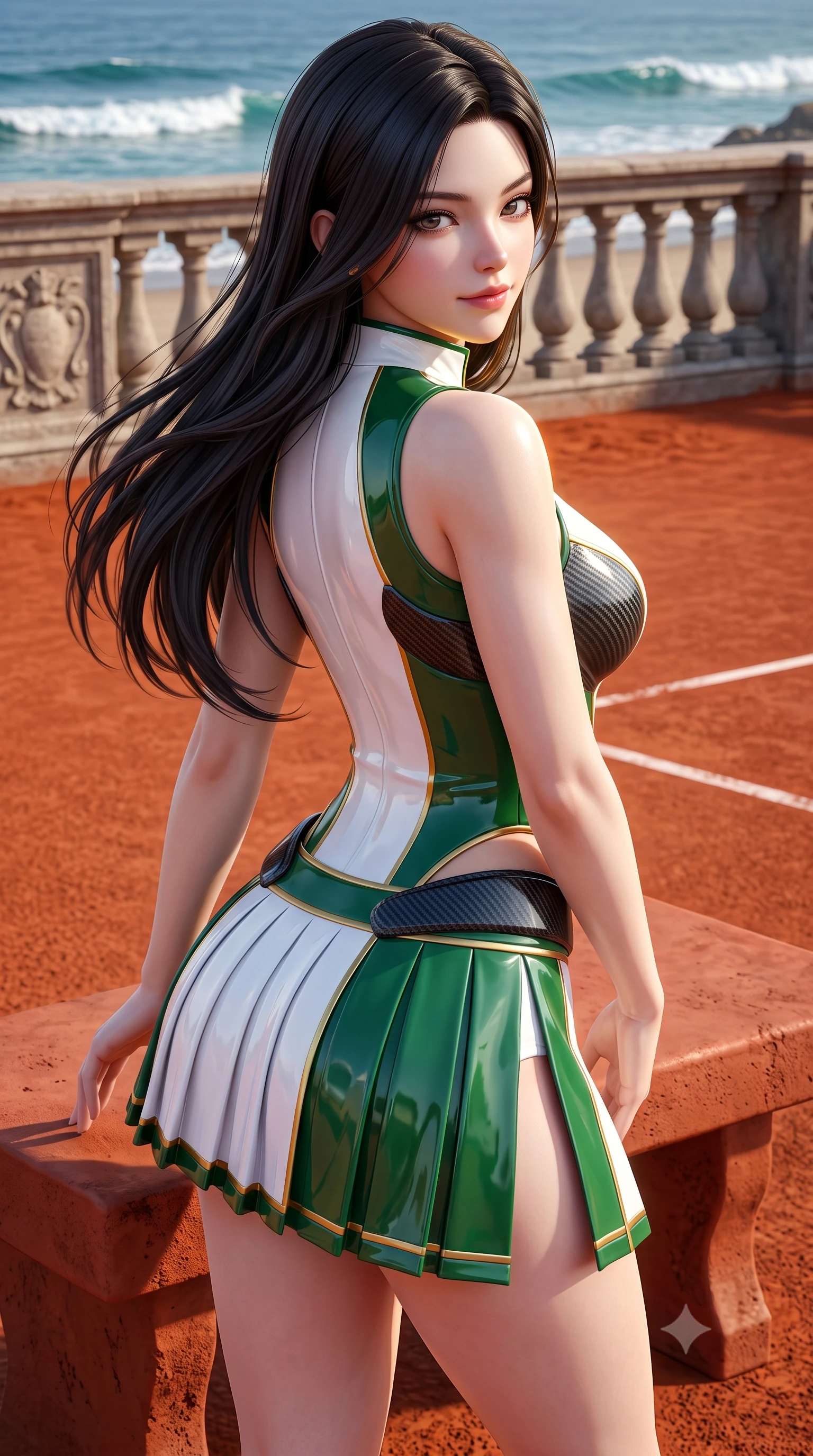 score_9, masterpiece, best quality, ultra-detailed, high-budget anime keyframe, semi-realistic 3D game render, editorial fashion photography, tasteful artistic composition, Korean woman. close-up cowboy shot from the waist and thighs up, the character dominates the composition, filling the frame with her large presence. posing in an alluring rear three-quarter angle, turning over a bare shoulder with an intoxicating gaze, her hips cocked back to highlight her slim hourglass curve against the paddock lights while leaning against the red clay court bench with hips cocked back, looking into the lens with an enchanting, wind-swept tennis smile. The surrounding environment is rendered in vivid detail and crisp panoramic clarity: sharp red clay surface texture, stone balustrade relief, and ocean wave crest clarity in deep focus. She has an exceptionally elegant, slender, and willowy female figure with an ultra-slim waist, flat toned midriff, narrow ribcage, and sculpted feminine hips creating an alluring, slim hourglass silhouette without bulk. sharp v-shaped jawline, high-bridge nose, sparkling eyes with athletic focus and depth, thick curled eyelashes, glossy parted lips with a natural coral-peach sheen, bright confident and coquettish smile with alluring bedroom-eyes, exuding both youthful sporty vigor and sovereign high-society glamour, flawlessly proportioned anatomical accuracy, strict slender model proportions, natural body alignment, perfectly sculpted long slender limbs, ultra-slim waistline, clean dynamic posture without body distortion. wearing a sleeveless high-collar racing bodysuit with carbon-fiber chestplate accents and a pleated wrap tennis skirt with side hip slit in crisp Wimbledon white and British racing green with gold accents, made of high-gloss reflective patent leather with mirror-like specular highlights, accented with sleek aerodynamic carbon-fiber hip pads framing her narrow waist, the form-fitting tailored bodice adhering flawlessly to her sculpted flat midriff and slender torso, emphasizing her long leg lines and perfectly proportioned willowy build. illuminated by ocean surf bounce fill and sharp warm-gold rim lights defining her razor-sharp jawline, narrow waist, and curvy hips. highly saturated vibrant anime colors, detailed shading with soft gradients, rich glossy textures, high-contrast stereoscopic depth, volumetric dynamic lighting, master piece, 9:16 ratio