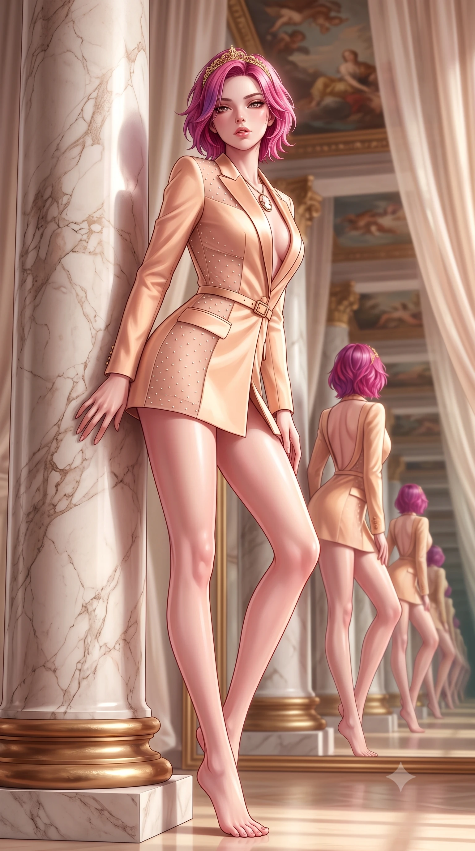 score_9, masterpiece, best quality, ultra-detailed, high-budget anime keyframe, semi-realistic 3D game render, editorial fashion photography, tasteful artistic composition, Caucasian woman. low angle full-body shot from head to toe showing her feet, filling the entire 9:16 vertical frame with her statuesque presence, stretching her vertical silhouette. leaning deep against the structural architecture with hips cocked in an unapologetically bold, seductive high-fashion stance while gliding down the mirror-lined corridor with supermodel momentum, pivoting gracefully as infinite reflections multiply her curvy silhouette. The composition keeps background elements in soft focus with creamy bokeh. antique oil ceiling frescoes and sheer silk drapes softened in luxurious shallow depth of field. She has an absolutely perfect, statuesque 8.5-heads proportion, an exceptionally tall and slender model-like female figure with impossibly long slender legs, a toned flat midriff, an ultra-slim waist, and beautifully sculpted feminine hips. sharp v-shaped jawline, high-bridge nose, intricate jewel-like eyes with depth, thick eyelashes, glossy parted lips with a natural sheen, intensely captivating and seductive bedroom-eyes expression, flawlessly proportioned anatomical accuracy, strict slender model proportions, natural body alignment, perfectly sculpted long slender limbs, ultra-slim waistline, clean dynamic posture without body distortion. wearing a tailored pastel tuxedo jacket dress with silk satin lapels and a slim gold-buckle belt in warm apricot silk and liquid bronze, made of sheer contouring power-mesh with fine pearl flocking, complemented by a delicate golden tiara headband and carved cameo pendant, the dramatically scooped open back descending to the base of her spine, accentuating her razor-sharp statuesque lines and curvy hourglass silhouette. surrounded by an aristocratic, scandalous, and breathlessly mesmerizing imperial duchess aura. highly saturated vibrant anime colors, detailed shading with soft gradients, rich glossy textures, high-contrast stereoscopic depth, volumetric dynamic lighting, master piece, 9:16 ratio