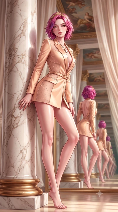 score_9, masterpiece, best quality, ultra-detailed, high-budget anime keyframe, semi-realistic 3D game render, editorial fashion photography, tasteful artistic composition, Caucasian woman. low angle full-body shot from head to toe showing her feet, 
