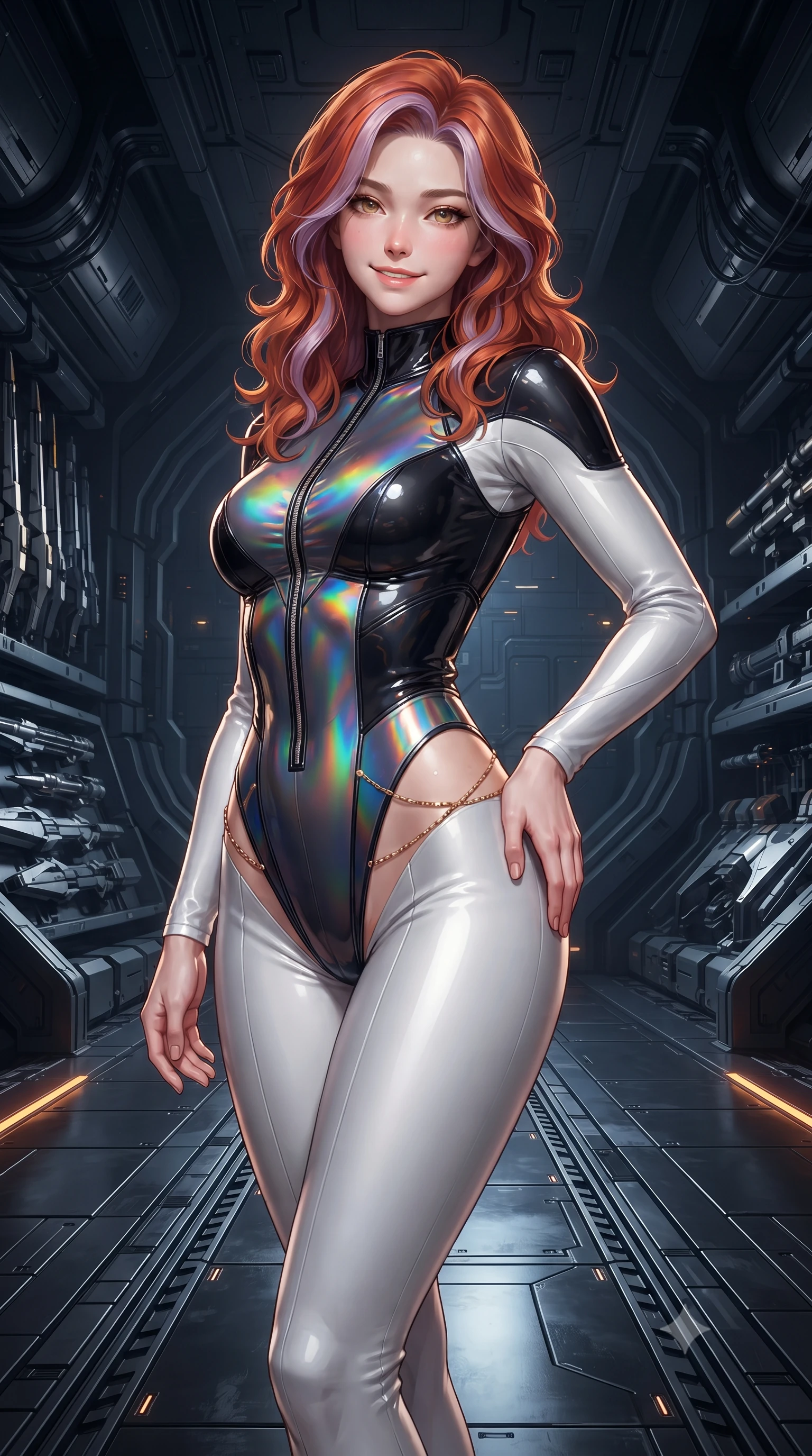 score_9, masterpiece, best quality, ultra-detailed, high-budget anime keyframe, editorial fashion photography, tasteful artistic composition, Caucasian woman. close-up cowboy shot from the waist and thighs up, the character dominates the composition, filling the frame with her large presence. tilting her head with a teasing half-smile, running one hand slowly down the side of her hip in a flirtatious S-curve as ambient light caresses her silhouette while standing poised on the magnetic guidance track in the cavernous zero-g armory, arching her spine with commanding haute-couture charisma as sleek armor-piercing sabots float in magnetic lock racks. The surrounding environment is rendered in vivid detail and crisp panoramic clarity: detailed garment construction, tactical leather sheen, and monumental orbital weapons bay in high resolution. She has an exceptionally elegant, slender, and willowy female figure with an ultra-slim waist, flat toned midriff, narrow ribcage, and sculpted feminine hips creating an alluring, slim hourglass silhouette without bulk. sharp v-shaped jawline, high-bridge nose, intricate jewel-like sparkling eyes with depth, thick eyelashes, glossy parted lips with a natural peach sheen, bright cheerful beaming smile with an enchanting and coquettish sensual glint, exuding both youthful cute charm and seductive allure, flawlessly proportioned anatomical accuracy, strict slender model proportions, natural body alignment, perfectly sculpted long slender limbs, ultra-slim waistline, clean dynamic posture without body distortion. wearing a sleek second-skin cyber-pilot bodysuit with high-gloss patent leather panels accentuating her ultra-slim waistline in solar-sail rainbow diffraction and titanium white, made of fluid liquid jersey with seamless sculpting hold and smooth contours, accented with a dainty gold belly chain resting across her flat midriff and curving hips, the form-contouring silhouette accentuating her sculpted flat midriff, narrow delicate ribcage, and gracefully curvy hips with intoxicating allure. illuminated by dark titanium floor reflection bounce and sharp platinum-amber rim lights sculpting her jawline, narrow waist, and curvy hips. ultra-reflective glossy finish, specular highlights, rich textural contrasts, high-contrast stereoscopic depth, volumetric dynamic lighting, 2k, ultra detail, master piece, 9:16 ratio