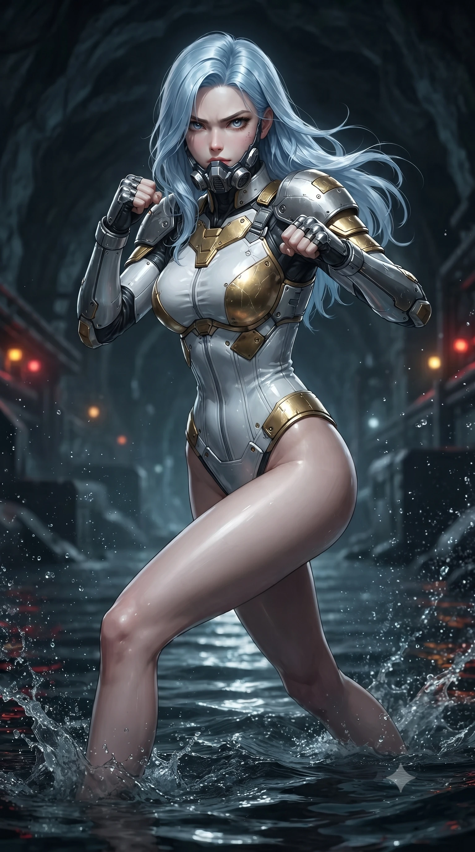 score_9, masterpiece, best quality, ultra-detailed, high-budget anime keyframe, editorial fashion photography, tasteful artistic composition, Korean woman. close-up cowboy shot from the waist and thighs up, the character dominates the composition, filling the frame with her large presence. in a razor-sharp Panzer Kunst fighting guard with raised fists, captivating jewel-like eyes locked onto the viewer with fierce, resolute determination while striding through knee-deep dark water with unwavering momentum, her long slender legs and athletic torso cutting through the tide. The composition keeps background elements in soft focus with creamy bokeh. sparkling water spray beads catching industrial warning light motes across a dark subterranean backdrop. She has an exceptionally elegant, slender, and willowy female figure with an ultra-slim waist, a gracefully sculpted slender torso, toned flat midriff, and a refined slim silhouette. sharp v-shaped jawline, high-bridge nose, intricate jewel-like eyes with depth, thick eyelashes, glossy lips with a natural sheen, fierce and resolute heroine expression, flawlessly proportioned anatomical accuracy, strict slender model proportions, natural body alignment, perfectly sculpted long slender limbs, ultra-slim waistline, clean dynamic posture without body distortion. wearing a sleek titanium half-face combat rebreather guard protecting her lower jaw while leaving her expressive eyes and long hair flowing freely, paired with a statuesque high-fashion cyber-warrior armor suit with platinum bevels, heavy articulated shoulder guards, and an ultra-slim waist-cinching corset in arctic white carbon composite with scratched solar gold armor plating, made of lightweight aerodynamic carbon-titanium alloy with precision-beveled armor seams, finished with high-mobility flexible armor articulation seams and miniature magnetic locks, the form-contouring material adhering flawlessly to her sculpted flat midriff and slender torso, emphasizing her long leg lines and perfectly proportioned willowy build. surrounded by an agile, lethal, and breathtakingly athletic aquatic infiltration operative aura. ultra-reflective glossy finish, specular highlights, dark metallic sheen, high-contrast stereoscopic depth, volumetric dynamic lighting, 2k, ultra detail, master piece, 9:16 ratio