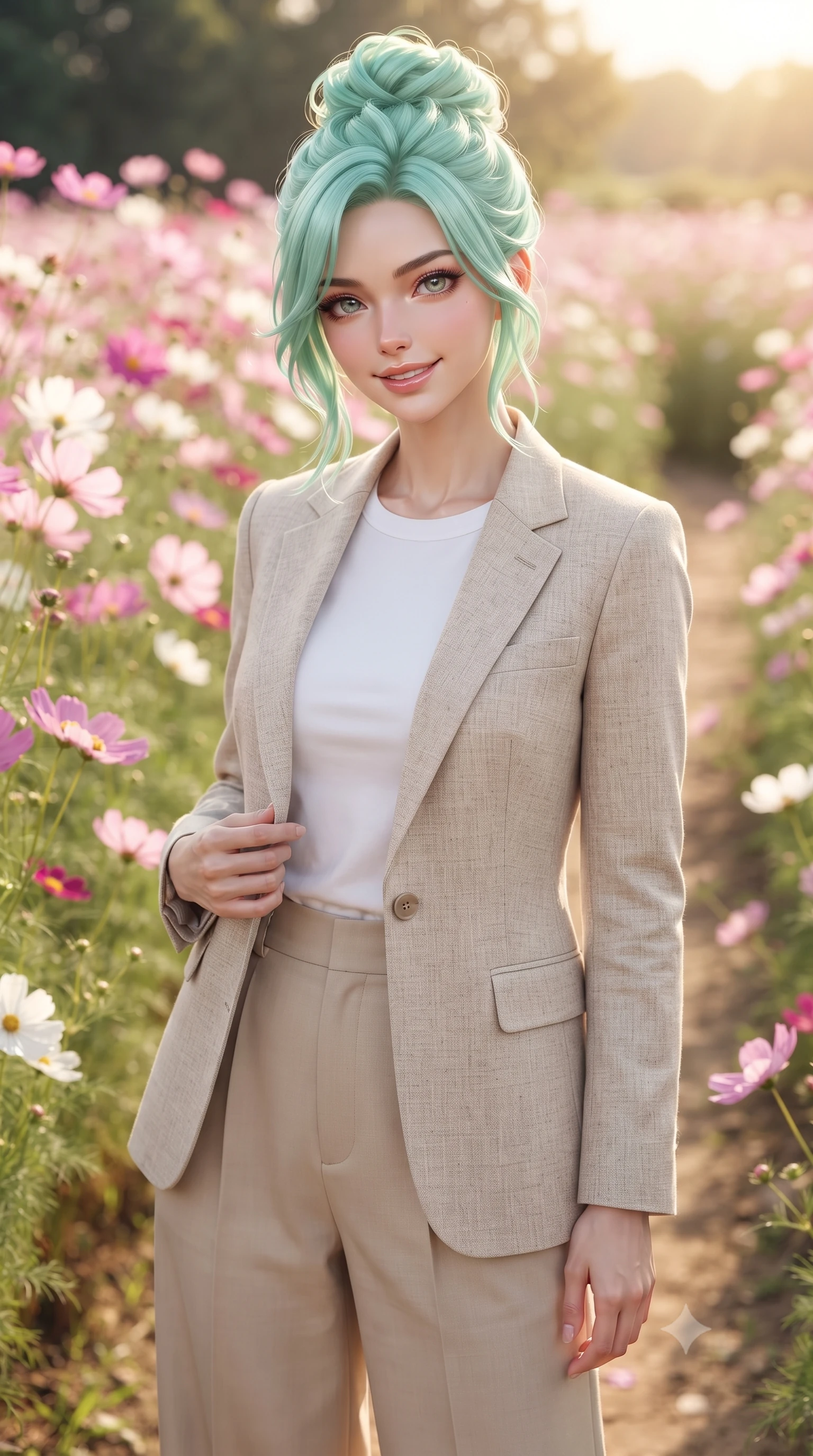 score_9, masterpiece, best quality, ultra-detailed, high-budget anime keyframe, editorial fashion photography, tasteful artistic composition, Japanese woman woman. close-up cowboy shot from the waist and thighs up, the character dominates the composition, filling the frame with her large presence, background elements kept in soft focus. tilting her head slightly with a gentle, friendly smile under the warm sun the background shows a soft-focus a dirt path passing through a vast field of tall blooming pink and white cosmos flowers. She has an exceptionally elegant, slender, and willowy female figure with an ultra-slim waist, a gracefully sculpted slender torso, and a refined silhouette. sharp v-shaped jawline, high-bridge nose, intricate jewel-like eyes with depth, thick eyelashes, glossy lips with a natural sheen. wearing a slim-fit tailored linen blazer in oatmeal, paired with a white cotton crewneck top and beige wide-leg trousers. bright, direct afternoon sun rays casting cheerful highlights. ultra-reflective glossy finish, specular highlights, metallic sheen, high-contrast stereoscopic depth, volumetric dynamic lighting, 2k, ultra detail, master piece, 9:16 ratio