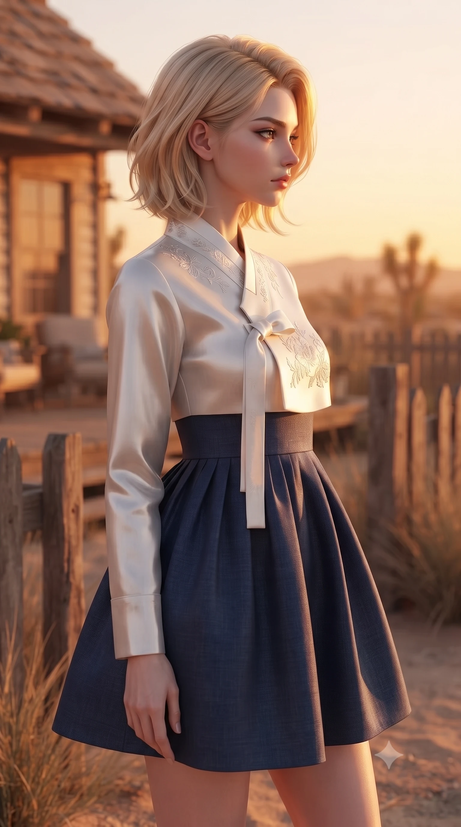 score_9, masterpiece, best quality, ultra-detailed, high-budget anime keyframe, editorial fashion photography, tasteful artistic composition, Caucasian woman. close-up cowboy shot from the waist and thighs up, the character dominates the composition, filling the frame with her large presence, background elements kept in soft focus. turning her face in sharp profile, casting a cold, mysterious, yet intensely alluring side gaze, the background shows a soft-focus a cozy cottage deck in the desert oasis, surrounded by beachgrass and wooden fences. She has an exceptionally elegant, slender, and willowy female figure with an ultra-slim waist, a gracefully sculpted slender torso, and a refined silhouette. sharp v-shaped jawline, high-bridge nose, intricate jewel-like eyes with depth, thick eyelashes, glossy lips with a natural sheen. wearing a tailored modern fusion hanbok dress with a navy blue linen skirt and a high-neck white silk jeogori wrapper. warm sunset light casting a peaceful, cozy orange wash on her figure. ultra-reflective glossy finish, specular highlights, metallic sheen, high-contrast stereoscopic depth, volumetric dynamic lighting, 2k, ultra detail, master piece, 9:16 ratio