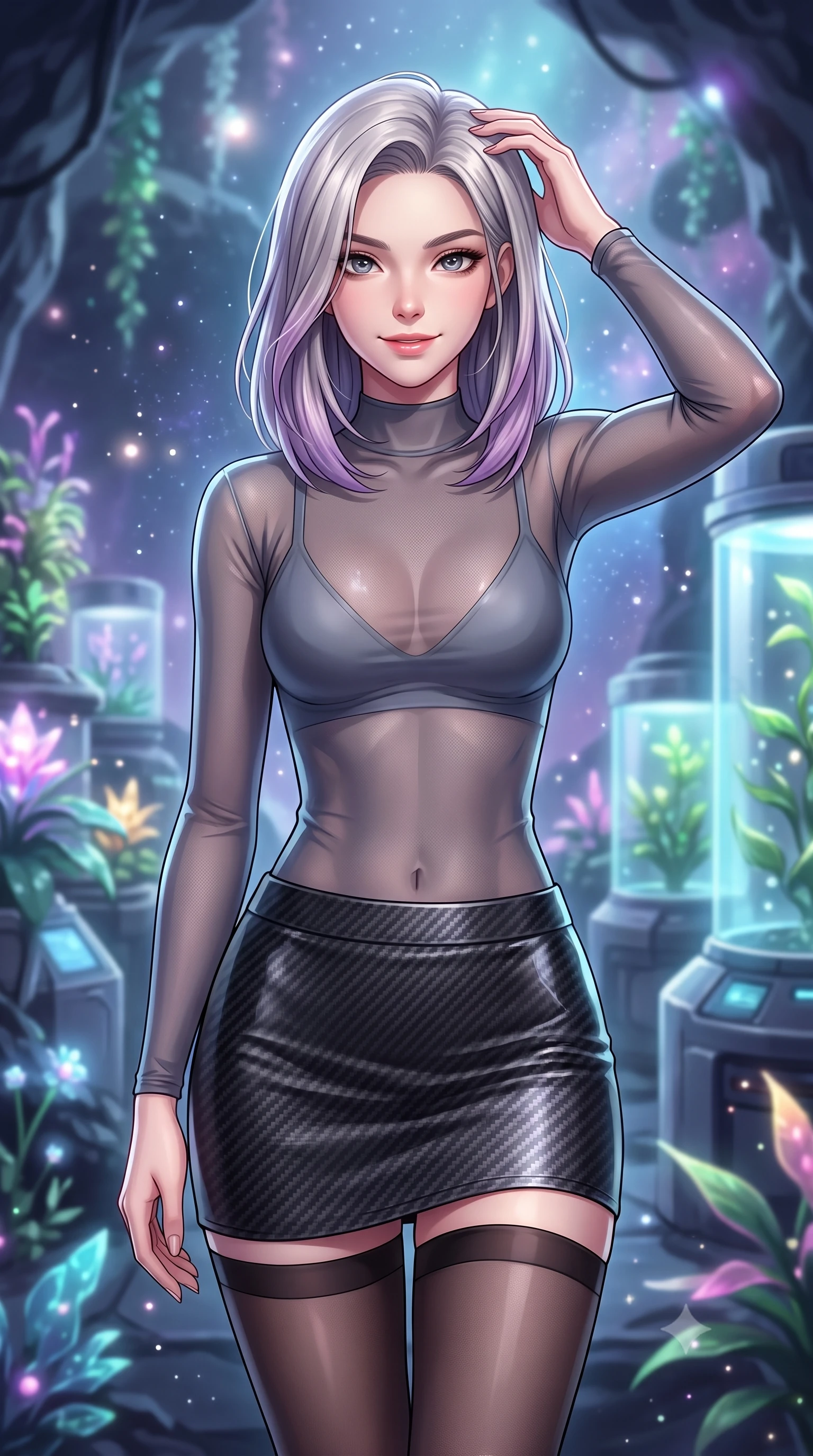 score_9, masterpiece, best quality, ultra-detailed, high-budget anime keyframe, editorial fashion photography, tasteful artistic composition, Caucasian woman. close-up cowboy shot from the waist and thighs up, the character dominates the composition, filling the frame with her large presence, background elements kept in soft focus. slowly running a hand through her hair, smiling with quiet, magnetic self-assurance directly into the camera, the background shows a soft-focus a floating asteroid greenhouse cavern with hydroponic flora and stardust. She has an exceptionally elegant, slender, and willowy female figure with an ultra-slim waist, a gracefully sculpted slender torso, and a refined silhouette. sharp v-shaped jawline, high-bridge nose, intricate jewel-like eyes with depth, thick eyelashes, glossy lips with a natural sheen. wearing a form-contouring semi-transparent mesh top in slate grey, paired with a carbon-fiber mini skirt and sheer stockings. cosmic background light painting the greenhouse plants in a soft wash. highly saturated vibrant anime colors, detailed shading with soft gradients, rich glossy textures, high-contrast stereoscopic depth, volumetric dynamic lighting, master piece, 9:16 ratio