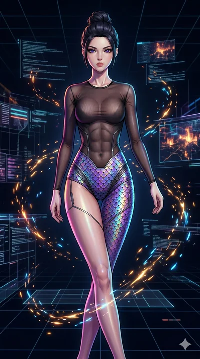 score_9, masterpiece, best quality, ultra-detailed, Set A: High-budget Anime Keyframe, Caucasian (strictly human ears) woman. Upper body close-up from the thighs up, character filling the screen for maximum presence. Walking gracefully through a virt
