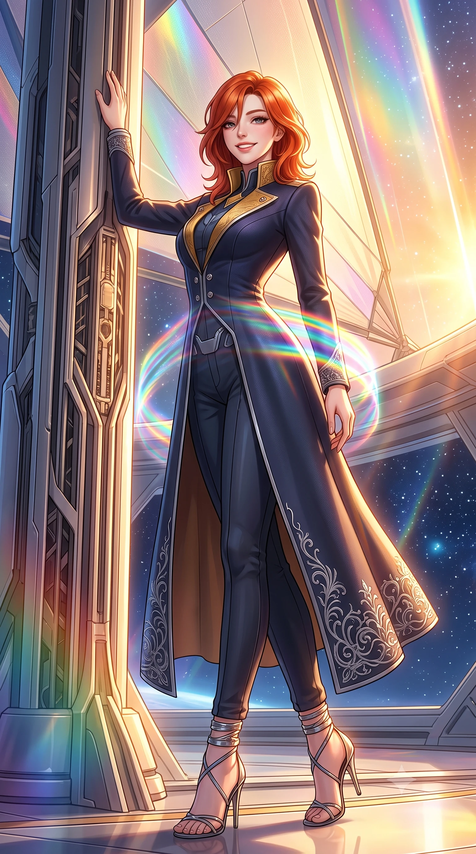 score_9, masterpiece, best quality, ultra-detailed, high-budget anime keyframe, semi-realistic 3D game render, editorial fashion photography, tasteful artistic composition, Korean woman. low angle full-body shot from head to toe showing her feet, filling the entire 9:16 vertical frame with her statuesque presence, stretching her vertical silhouette. standing tall beside the architectural column, one hand resting high while arching her lower back to emphasize her sculpted feminine hips and slender waist while twisting her slender torso in an alluring contrapposto stance, chromatic rainbow light ripples wrapping around her narrow waist and curvy hips. The surrounding environment is rendered in vivid detail and crisp panoramic clarity: sharp ultra-thin nanofiber sail weave textures, carbon-composite spar joints, and razor-sharp celestial starpoints in deep focus. She has an exceptionally tall and slender model-like 8.5-heads proportion, an ultra-slim waist, a flat toned midriff, narrow delicate ribcage, and beautifully sculpted feminine hips creating a graceful, slim hourglass silhouette without any bulky heaviness, with impossibly long slender legs. sharp v-shaped jawline, high-bridge nose, intricate jewel-like sparkling eyes with depth, thick eyelashes, glossy parted lips with a natural peach sheen, bright cheerful beaming smile with an enchanting and coquettish sensual glint, exuding both youthful cute charm and seductive allure, flawlessly proportioned anatomical accuracy, strict slender model proportions, natural body alignment, perfectly sculpted long slender limbs, ultra-slim waistline, clean dynamic posture without body distortion. wearing an aristocratic deep-space admiral longcoat with silver filigree embroidery along the hem and high structured collar in solar-wind gold and deep space void black, crafted from bespoke double-faced cashmere with an exceptionally soft tactile finish, complemented by strappy stiletto sandals with metallic ankle wraps accentuating her slender calves, the bespoke structured tailoring following the natural line of her 8.5-heads silhouette with refined elegance. bathed in blinding warm golden solar radiance filtered through prismatic iridescent nano-films. highly saturated vibrant anime colors, detailed shading with soft gradients, rich glossy textures, high-contrast stereoscopic depth, volumetric dynamic lighting, master piece, 9:16 ratio