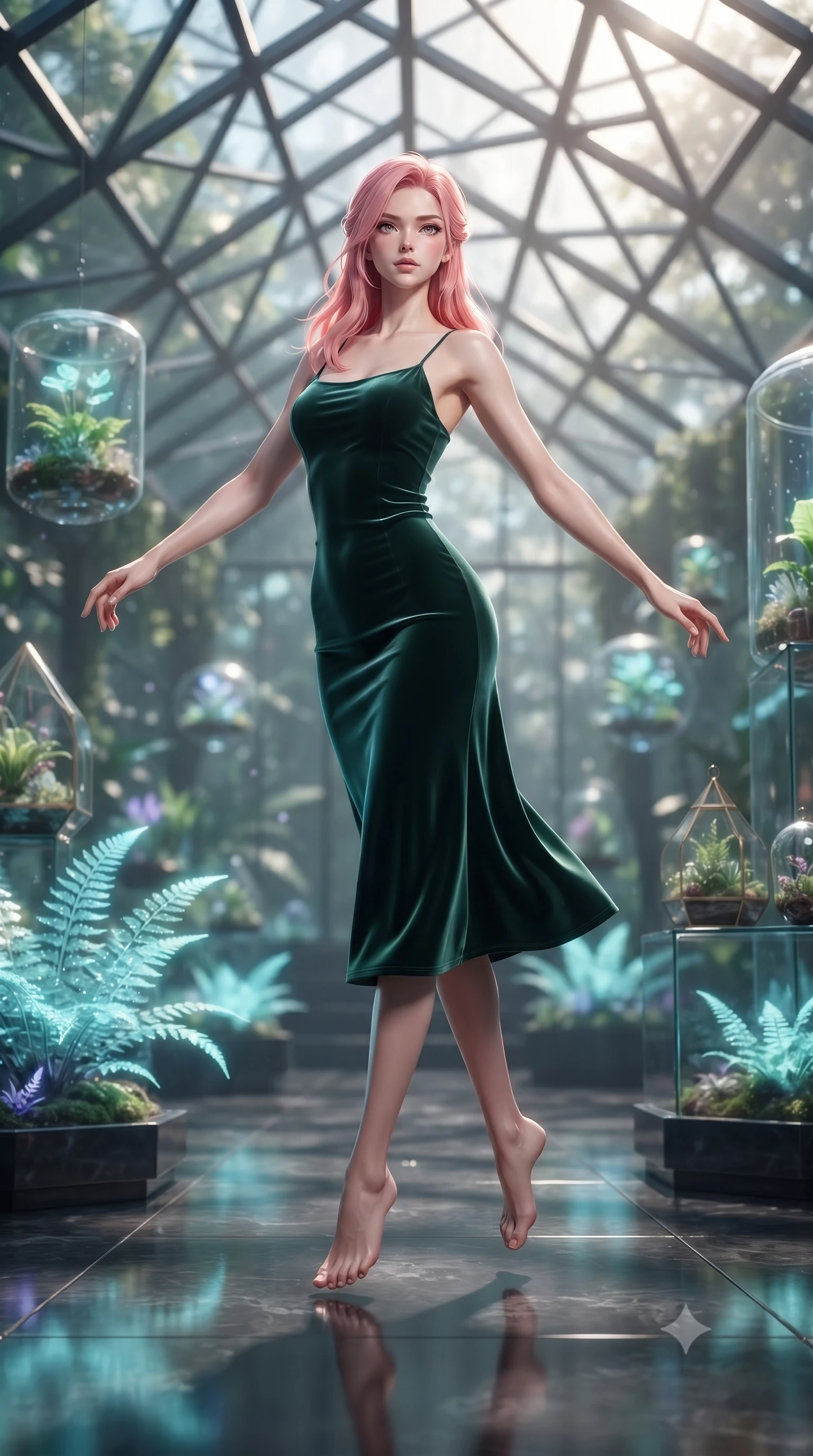 score_9, masterpiece, best quality, ultra-detailed, high-budget anime keyframe, editorial fashion photography, tasteful artistic composition, Japanese woman woman. low angle full-body shot from head to toe showing her feet, filling the entire 9:16 vertical frame with her statuesque presence, stretching her vertical silhouette. She has an absolutely perfect, statuesque 8.5-heads proportion, an exceptionally tall and slender model-like female figure with impossibly long slender legs and an ultra-slim waist. mid-air spin above the reflective floor, maintaining an athletic and perfectly balanced poise, flawlessly proportioned anatomical accuracy, natural body alignment, perfectly sculpted elegant limbs, clean dynamic posture without body distortion. set against a soft-focus background of a futuristic botanical pavilion with floating hologram plants. wearing a fitted dark emerald velvet slip dress with a smooth liquid sheen and delicate straps. bathed in dappled morning sunlight filtering through glass roof grid structures. ultra-reflective glossy finish, specular highlights, metallic sheen, high-contrast stereoscopic depth, volumetric dynamic lighting, 2k, ultra detail, master piece, 9:16 ratio