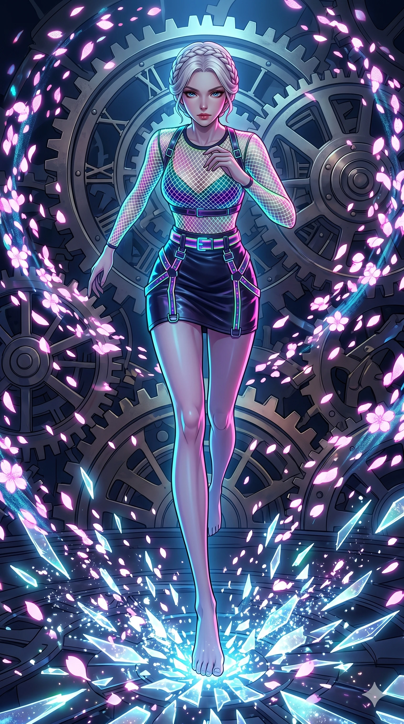 score_9, masterpiece, best quality, ultra-detailed, Set A: High-budget Anime Keyframe, Japanese woman. Low angle cowboy shot filling the entire 9:16 frame with her statuesque presence. Sprinting through a throne of gears, as the ground beneath her turns into 91 shards of light and surrounded by digital sakura petals. She has an absolutely perfect 8-heads proportion, an exceptionally tall and slender female figure with impossibly long slender legs and an ultra-slim waist. Sharp v-shaped jawline, high-bridge nose, intricate jewel-like eyes with depth, thick eyelashes, glossy lips with a natural sheen. Wearing Fluorescent mesh top with a leather mini-skirt and neon-lit harness details. Cinematic lighting, vibrant colors, dramatic shadows, 2k, ultra detail, master piece, 9:16 ratio
