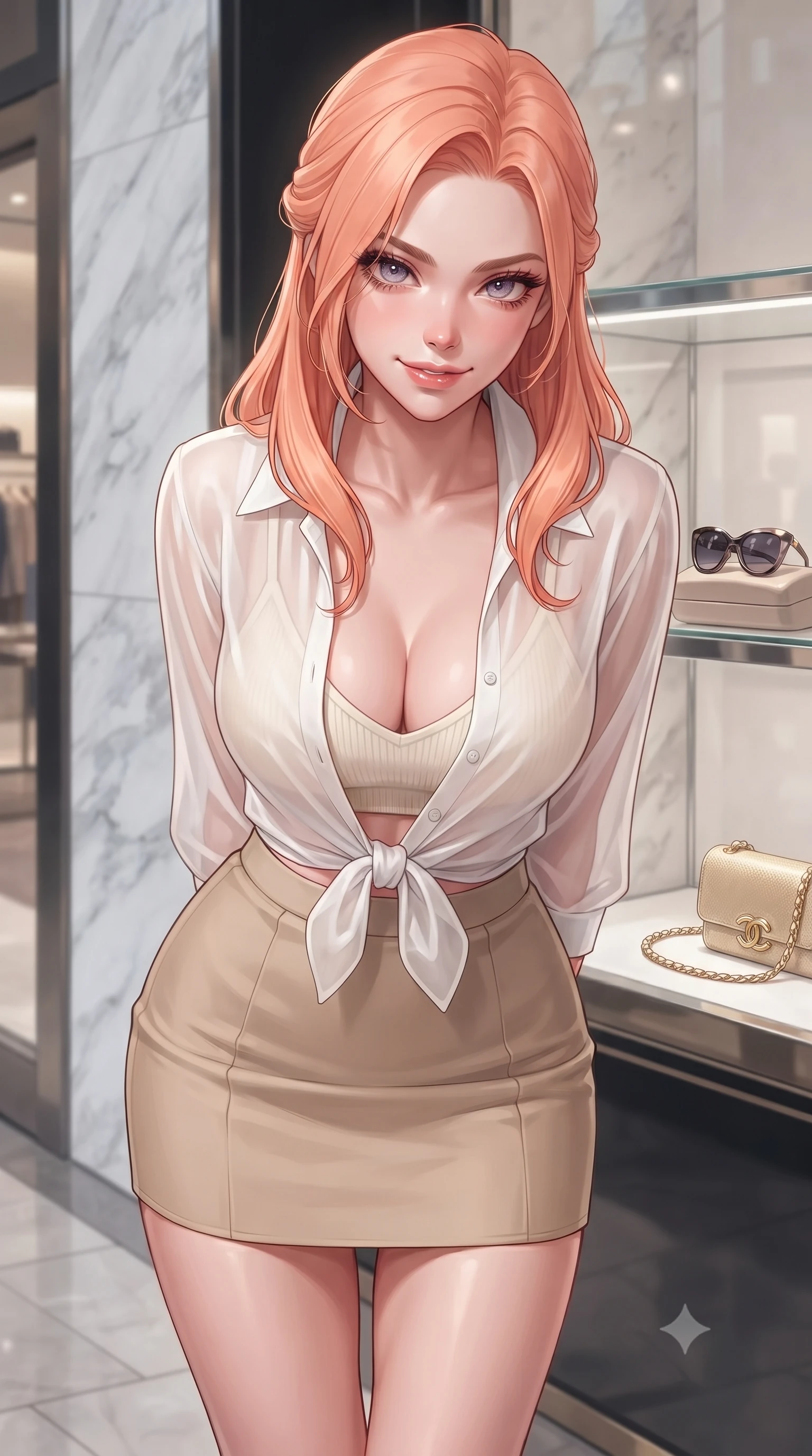 score_9, masterpiece, best quality, ultra-detailed, high-budget anime keyframe, editorial fashion photography, tasteful artistic composition, Japanese woman. close-up cowboy shot from the waist and thighs up, the character dominates the composition, filling the frame with her large presence, background elements kept in soft focus. leaning slightly forward with a playful, sultry smile that holds direct, intense eye contact set against a soft-focus background of near a chic department store entrance with marble walls and glass displays holding a cute designer sunglasses case and a small chain bag. She has an exceptionally elegant, slender, and willowy female figure with an ultra-slim waist, a gracefully sculpted slender torso, and a refined silhouette. sharp v-shaped jawline, high-bridge nose, intricate jewel-like eyes with depth, thick eyelashes, glossy lips with a natural sheen. wearing tailored sheer chiffon button-up shirt in white, worn over a slim-fit knit bralette and a mini skirt. cool midday daylight creating a clean, high-key editorial look in the plaza. highly saturated vibrant anime colors, detailed shading with soft gradients, rich glossy textures, high-contrast stereoscopic depth, volumetric dynamic lighting, master piece, 9:16 ratio