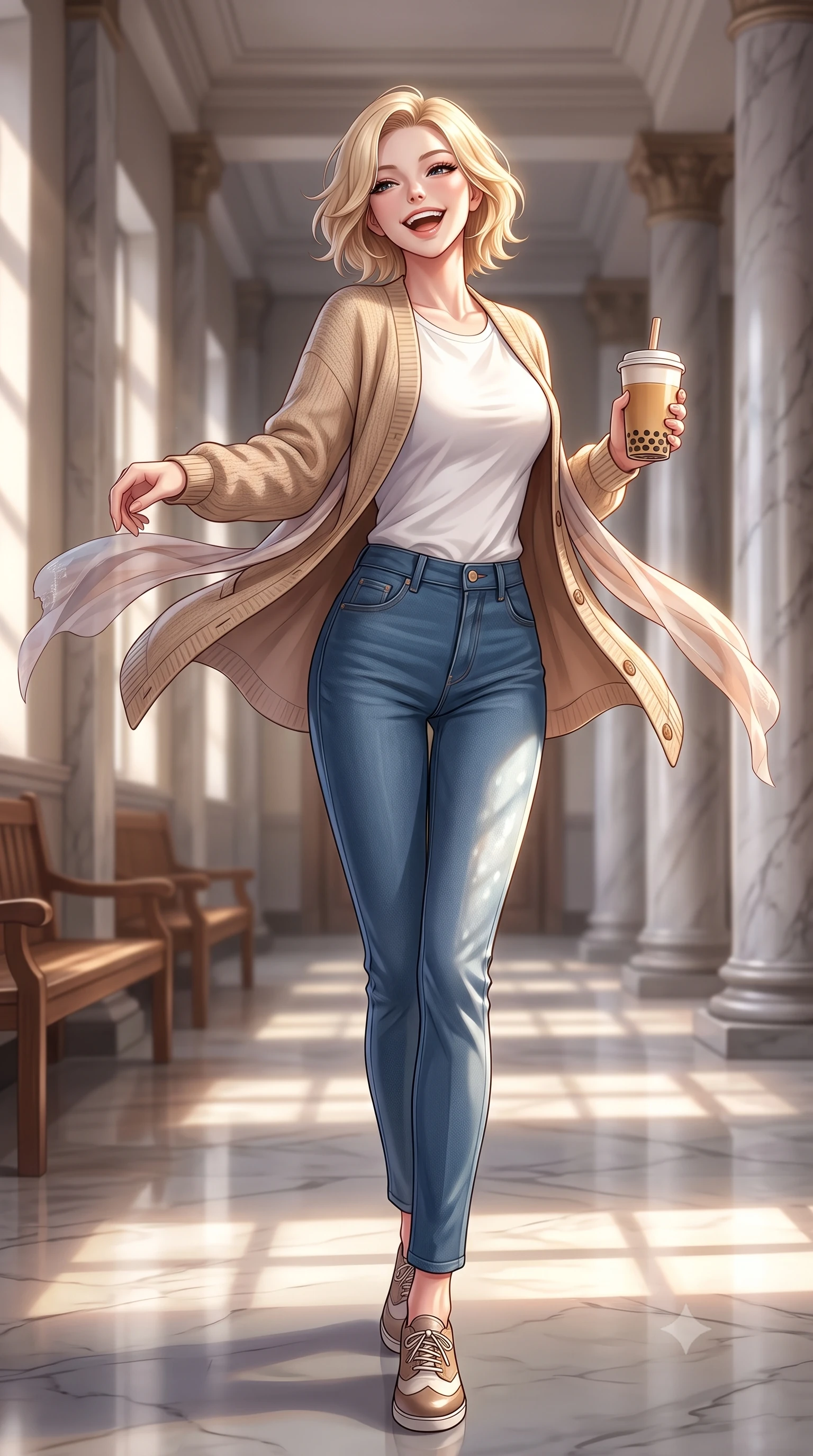 score_9, masterpiece, best quality, ultra-detailed, high-budget anime keyframe, editorial fashion photography, tasteful artistic composition, Caucasian woman. low angle full-body shot from head to toe showing her feet, filling the entire 9:16 vertical frame with her statuesque presence, stretching her vertical silhouette. twirling around with a playful, cute laugh, her skirt billowing beautifully in the air set against a soft-focus background of inside a spacious university auditorium hallway with marble columns and wooden benches holding a warm paper cup of milk tea with bubbles. She has an absolutely perfect, statuesque 8.5-heads proportion, an exceptionally tall and slender model-like female figure with impossibly long slender legs and an ultra-slim waist. sharp v-shaped jawline, high-bridge nose, intricate jewel-like eyes with depth, thick eyelashes, glossy lips with a natural sheen. wearing tailored cozy knit cardigan in beige, layered over a casual white tee and tailored blue denim pants. dappled sunlight creating beautiful light patterns on her skin and the ground. highly saturated vibrant anime colors, detailed shading with soft gradients, rich glossy textures, high-contrast stereoscopic depth, volumetric dynamic lighting, master piece, 9:16 ratio