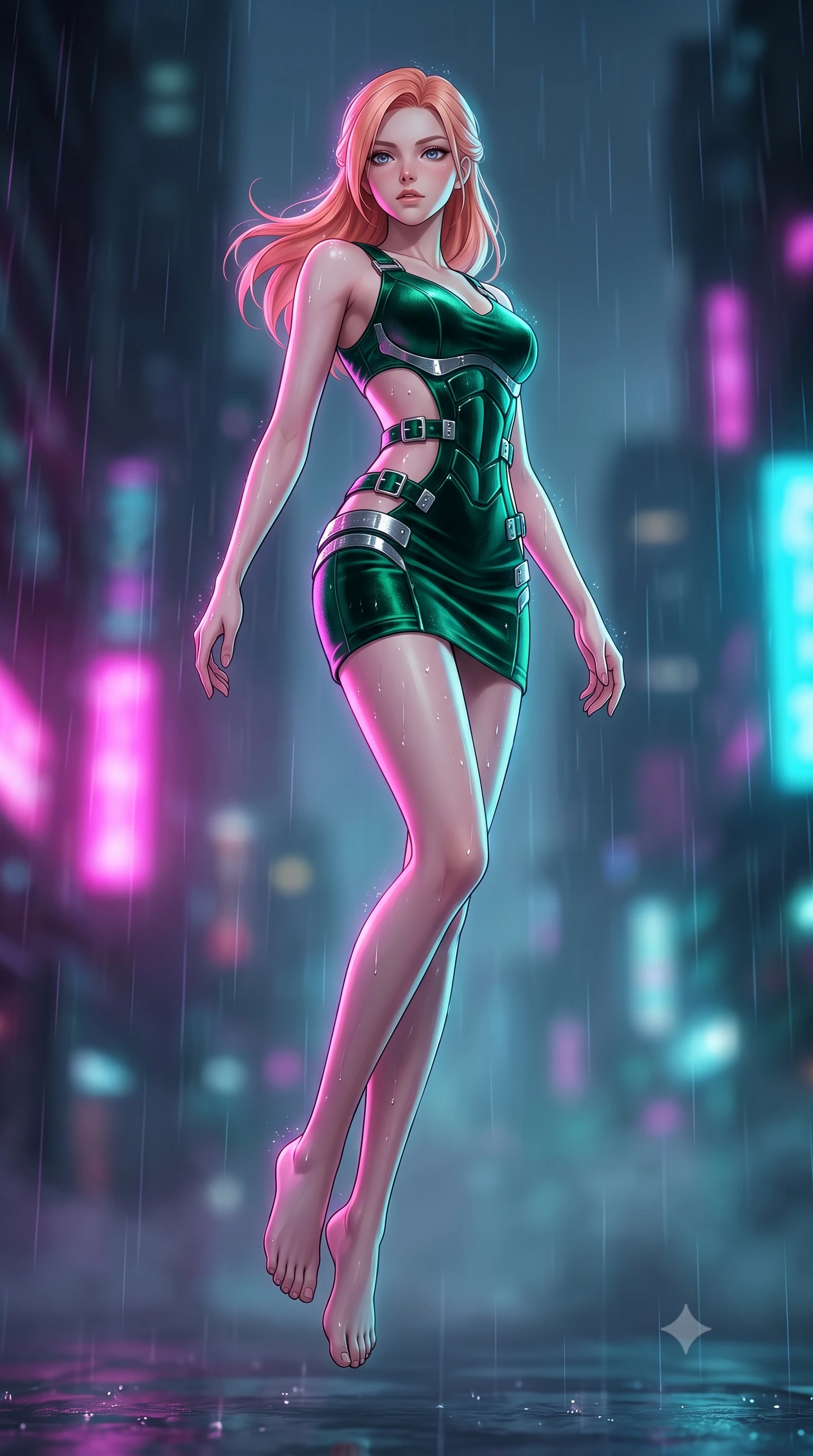 score_9, masterpiece, best quality, ultra-detailed, high-budget anime keyframe, editorial fashion photography, tasteful artistic composition, Japanese woman. low angle full-body shot from head to toe showing her feet, filling the entire 9:16 vertical frame with her statuesque presence, stretching her vertical silhouette. pivoting dynamically in zero-gravity with fluid body alignment, displaying her perfect model proportions while pivoting in a mid-stride turn as rain droplets glisten on her metallic outfit, soft urban mist scattering vibrant magenta and cyan neon rim light around her form. She has an absolutely perfect, statuesque 8.5-heads proportion, an exceptionally tall and slender model-like female figure with impossibly long slender legs and an ultra-slim waist. sharp v-shaped jawline, high-bridge nose, intricate jewel-like eyes with depth, thick eyelashes, glossy lips with a natural sheen, flawlessly proportioned anatomical accuracy, natural body alignment, perfectly sculpted elegant limbs, clean dynamic posture without body distortion. wearing a dramatic open-waist cutout mini dress framed by sculptural hardware in deep emerald green and silver accent, made of premium stretch velvet with a rich sheen, detailed with polished silver buckles along the waistline, the sleek second-skin texture accentuating her magnetic presence. surrounded by a vibrant, atmospheric city glow with glistening raindrops. highly saturated vibrant anime colors, detailed shading with soft gradients, rich glossy textures, high-contrast stereoscopic depth, volumetric dynamic lighting, master piece, 9:16 ratio