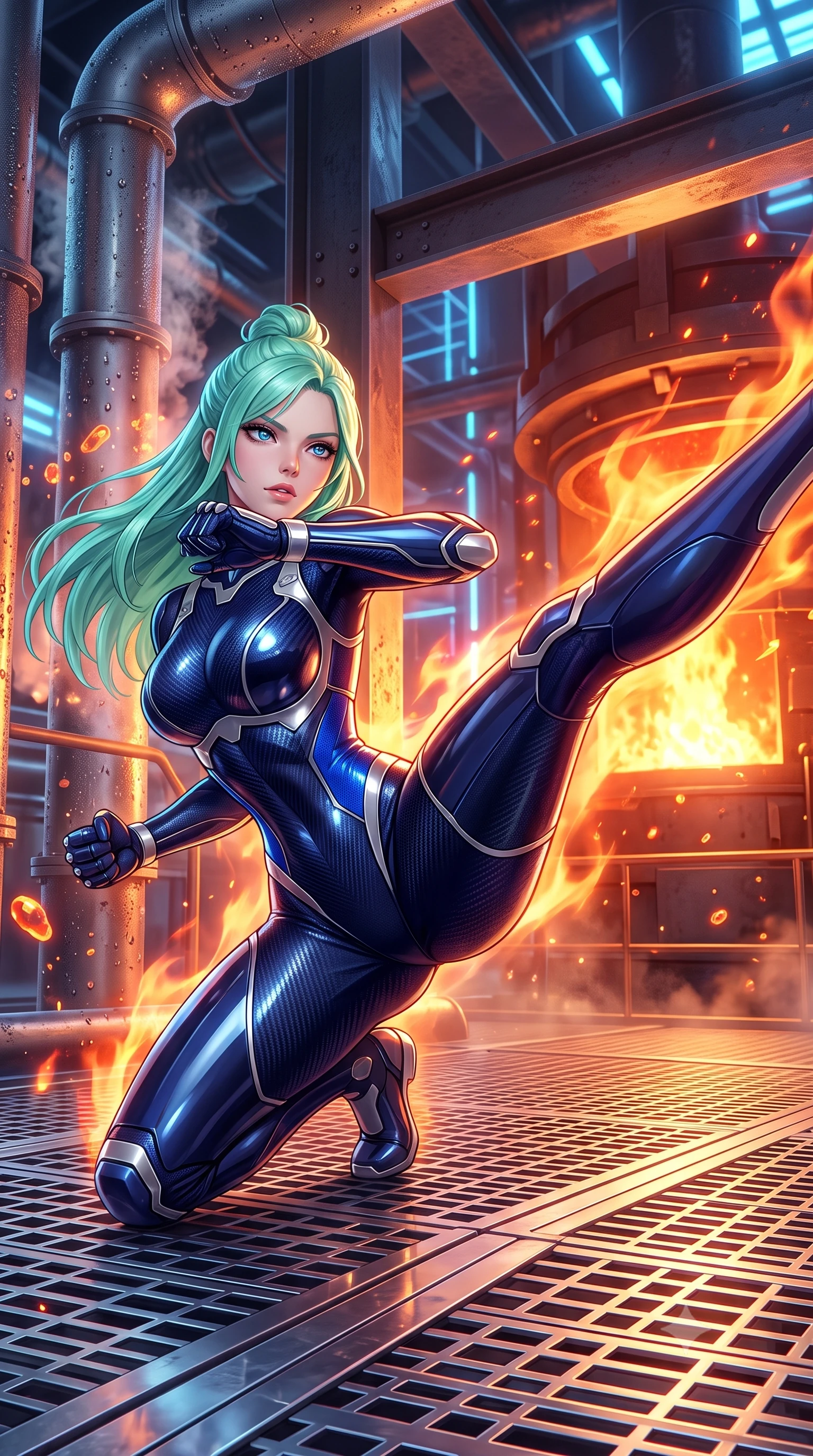 score_9, masterpiece, best quality, ultra-detailed, high-budget anime keyframe, semi-realistic 3D game render, editorial fashion photography, tasteful artistic composition, Japanese woman. low angle full-body shot from head to toe showing her feet, filling the entire 9:16 vertical frame with her statuesque presence, stretching her vertical silhouette. pivoting dynamically in a high-speed low sweep kick along the reflective floor, her athletic torso and ultra-slim waist twisting in a fluid arc of power while landing in a low crouched stance with one fist planted on the metal grating, looking up with a dangerous, alluring smolder. The surrounding environment is rendered in vivid detail and crisp panoramic clarity. detailed steam pipe condensation beads, magma bubble bursts, and steel support beams in high resolution. She has an absolutely perfect, statuesque 8.5-heads proportion, an exceptionally tall and slender model-like female figure with impossibly long slender legs, a toned flat midriff, and an ultra-slim waist. sharp v-shaped jawline, high-bridge nose, intricate jewel-like eyes with depth, thick eyelashes, glossy lips with a natural sheen, flawlessly proportioned anatomical accuracy, strict slender model proportions, natural body alignment, perfectly sculpted long slender limbs, ultra-slim waistline, clean dynamic posture without body distortion. wearing a statuesque midnight cobalt carbon-fiber battle-suit with platinum trim, reinforced kinetic palm plates, and an ultra-slim waistline in electric cobalt blue carbon with polished platinum trim, formed from high-gloss patent carbon-plating with specular chiaroscuro reflections, finished with high-mobility flexible limb seams and miniature magnetic armor locks, the liquid-tight tailored fabric emphasizing every curve of her tall, slender model proportions and sculptured silhouette during dynamic movement. surrounded by an elemental, fierce, and irresistibly powerful cyber-valkyrie of flame aura. rich saturated anime colors with glowing neon highlights, detailed shading with soft gradients, rich glossy textures, high-contrast stereoscopic depth, volumetric dynamic lighting, master piece, 9:16 ratio