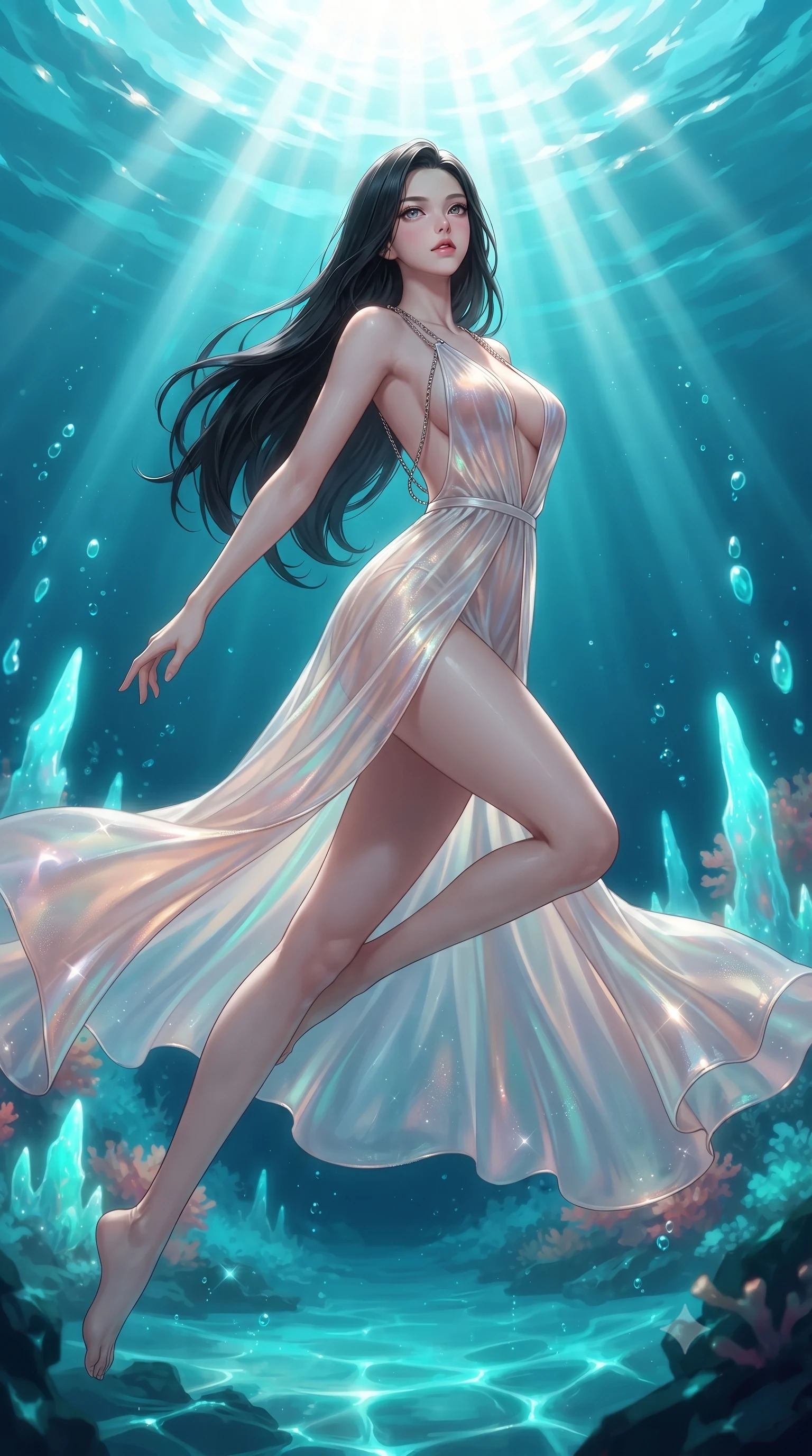 score_9, masterpiece, best quality, ultra-detailed, high-budget anime keyframe, editorial fashion photography, tasteful artistic composition, Korean woman. low angle full-body shot from head to toe showing her feet, filling the entire 9:16 vertical frame with her statuesque presence, stretching her vertical silhouette. leaping gracefully through mid-air with statuesque elegance, her impossibly long slender legs stretched in perfect balance while swimming gracefully upward toward sunbeams penetrating a deep turquoise ocean rift, glowing aqua coral spires emitting pulsing luminescence in the background. She has an absolutely perfect, statuesque 8.5-heads proportion, an exceptionally tall and slender model-like female figure with impossibly long slender legs and an ultra-slim waist. sharp v-shaped jawline, high-bridge nose, intricate jewel-like eyes with depth, thick eyelashes, glossy lips with a natural sheen, flawlessly proportioned anatomical accuracy, natural body alignment, perfectly sculpted elegant limbs, clean dynamic posture without body distortion. wearing a translucent iridescent chiffon gown with a plunging neckline and open back in pearl white and rose gold, made of premium stretch velvet with a rich sheen, adorned with delicate metallic chain straps along the neckline, the glove-like fit emphasizing her statuesque silhouette during motion. bathed in brilliant sun-drenched water rays and luminous turquoise caustic glow. ultra-reflective glossy finish, specular highlights, metallic sheen, high-contrast stereoscopic depth, volumetric dynamic lighting, 2k, ultra detail, master piece, 9:16 ratio