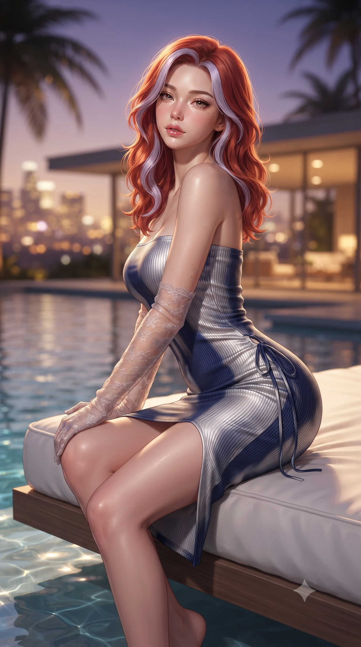score_9, masterpiece, best quality, ultra-detailed, high-budget anime keyframe, editorial fashion photography, tasteful artistic composition, Caucasian woman. close-up cowboy shot from the waist and thighs up, the character dominates the composition, filling the frame with her large presence. perched sideways on the lounge seat, one knee drawn up to showcase her slender leg line while her arched back accentuates her feminine hip curve while twisting her slender torso in an alluring S-curve, floating white daybeds and shimmering pool water reflecting her hourglass curves. The background shows a soft-focus the endless glowing grid of Los Angeles night lights, silhouette palm fronds, and mid-century glass pavilion blurred into gold, amber, and violet bokeh. She has an exceptionally elegant, slender, and willowy female figure with an ultra-slim waist, flat toned midriff, narrow ribcage, and sculpted feminine hips creating an alluring, slim hourglass silhouette without bulk. sharp v-shaped jawline, high-bridge nose, sparkling eyes with hypnotic seductive depth, thick curled eyelashes, glossy parted lips with a natural dewy peach sheen, alluring bedroom-eyes with an enchanting coquettish smile, exuding magnetic siren charisma and sophisticated glamour, flawlessly proportioned anatomical accuracy, strict slender model proportions, natural body alignment, perfectly sculpted long slender limbs, ultra-slim waistline, clean dynamic posture without body distortion. wearing a form-contouring ribbed knit tube dress with subtle side-lace ties tracing the curve of her hips in molten liquid silver and deep sapphire navy, woven from buttery-soft stretch lambskin leather adhering to her body like a second skin, complemented by sheer opera-length lace evening gloves tracing her slender arms, the liquid-tight tailored fabric clinging flawlessly to her narrow waist and rounded feminine hips, emphasizing every millimeter of her sculpted slim hourglass curves without any bulky heaviness. bathed in warm 2800K glasshouse interior downlighting paired with vast upward city grid light fill. ultra-reflective glossy finish, specular highlights, rich textural contrasts, high-contrast stereoscopic depth, volumetric dynamic lighting, 2k, ultra detail, master piece, 9:16 ratio