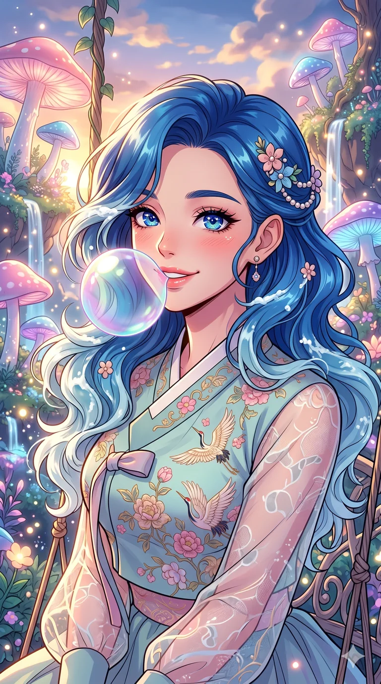 score_9, masterpiece, best quality, ultra-detailed, high-budget anime keyframe, vibrant colors and expressive line art, an incredibly beautiful Caucasian woman (strictly human ears). Medium shot of upper body focusing on her alluring and cute features and her ocean-wave hair with deep sapphire blue and frothy seafoam white tips, filling the vertical 9:16 frame. She is blowing a bubble with shimmering iridescent bubblegum. She has a sharp v-shaped jawline, high-bridge nose, intricate jewel-like eyes, thick eyelashes, and glossy lips. She possesses an absolutely perfect 8-heads proportion and a slim-fit silhouette. She is wearing a cute modern hanbok-fusion blouse with sheer fabric sleeves and floral embroidery, highlighting her alluring silhouette. a dreamy floating island garden with giant pastel mushrooms, dramatic rim lighting, cinematic shadows, 2k, ultra detail, master piece, 9:16 ratio