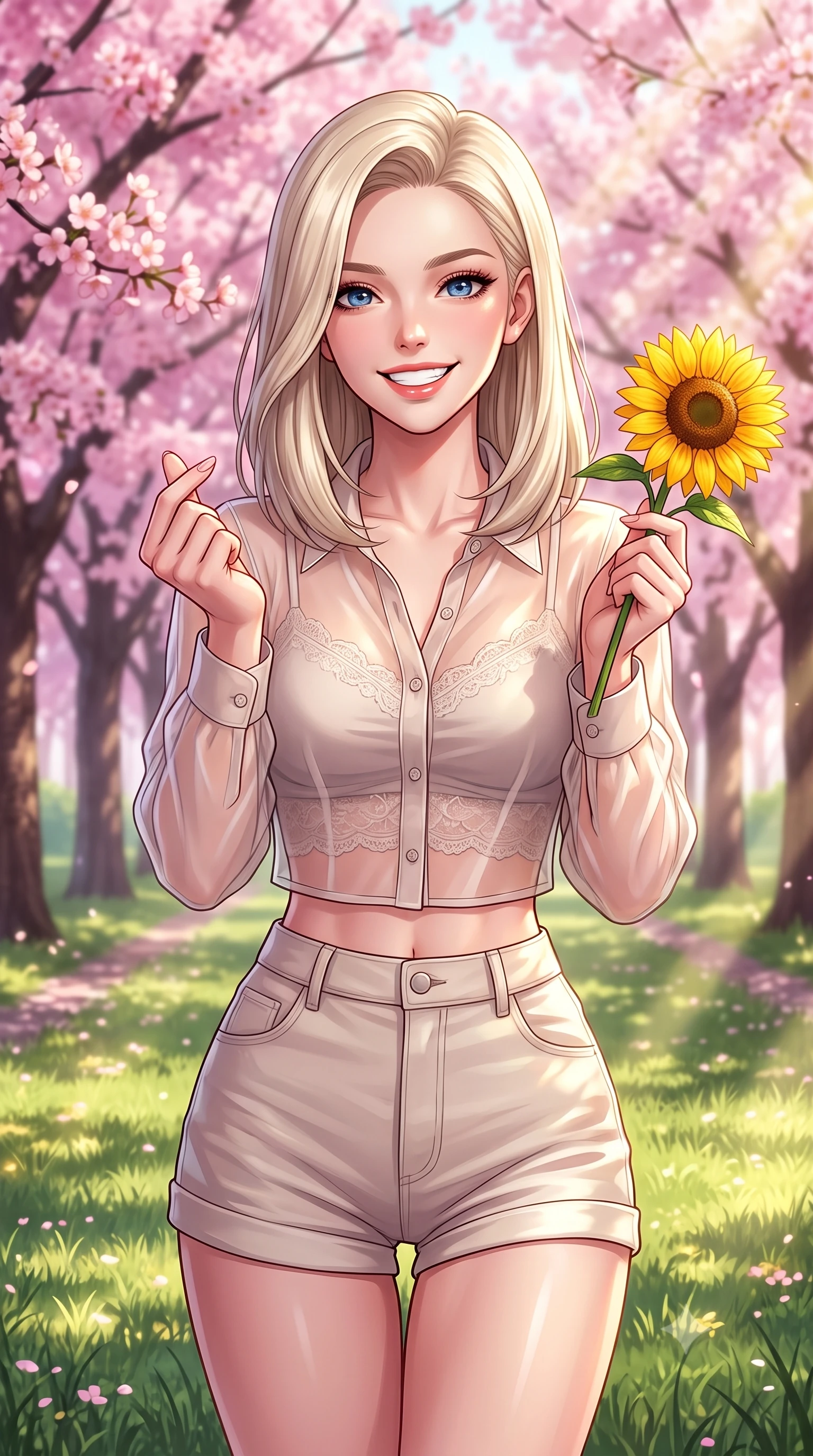 score_9, masterpiece, best quality, ultra-detailed, high-budget anime keyframe, editorial fashion photography, tasteful artistic composition, Caucasian woman. close-up cowboy shot from the waist and thighs up, the character dominates the composition, filling the frame with her large presence, background elements kept in soft focus. flashing a bright, sunny grin, holding her fingers in a cute small heart shape set against a soft-focus background of walking down a park path lined with blooming pink cherry blossom trees holding a single bright sunflower with a cheerful, sunny grin. She has an exceptionally elegant, slender, and willowy female figure with an ultra-slim waist, a gracefully sculpted slender torso, and a refined silhouette. sharp v-shaped jawline, high-bridge nose, intricate jewel-like eyes with depth, thick eyelashes, glossy lips with a natural sheen. wearing form-contouring sheer organza button-up shirt worn over a lace-accented crop top and high-waist mini shorts. volumetric sunbeams slicing through tree edges onto the grassy meadow. highly saturated vibrant anime colors, detailed shading with soft gradients, rich glossy textures, high-contrast stereoscopic depth, volumetric dynamic lighting, master piece, 9:16 ratio