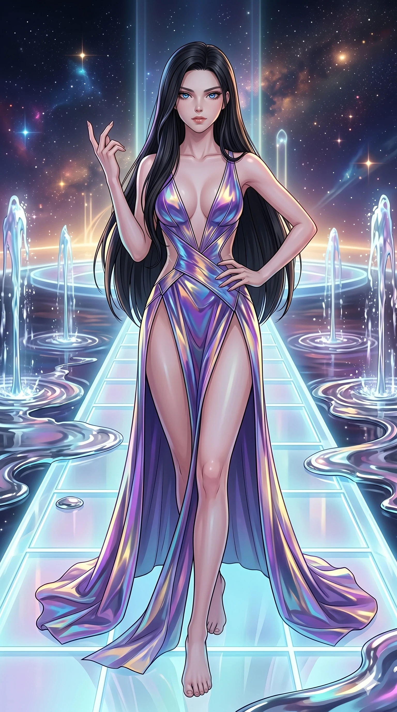 score_9, masterpiece, best quality, ultra-detailed, high-budget anime movie keyframe, cinematic anime lighting, intricate line art, Japanese woman. Dynamic full-body shot stretching the vertical silhouette across the 9:16 frame. standing victoriously in a celestial bridge made of light with liquid mercury fountains. She has an absolutely perfect 8-heads proportion, an exceptionally tall and slender female figure with an ultra-slim waist and impossibly long slender legs. sharp v-shaped jawline, high-bridge nose, intricate jewel-like eyes, thick eyelashes, glossy lips. Wearing avant-garde high-fashion gown made of iridescent vinyl with a dangerously high side slit and a plunging neckline, revealing an ultra-slim waist and long slender legs. The scene is illuminated by dramatic atmospheric lighting and vibrant color palettes. , 2k, ultra detail, master piece, 9:16 ratio
