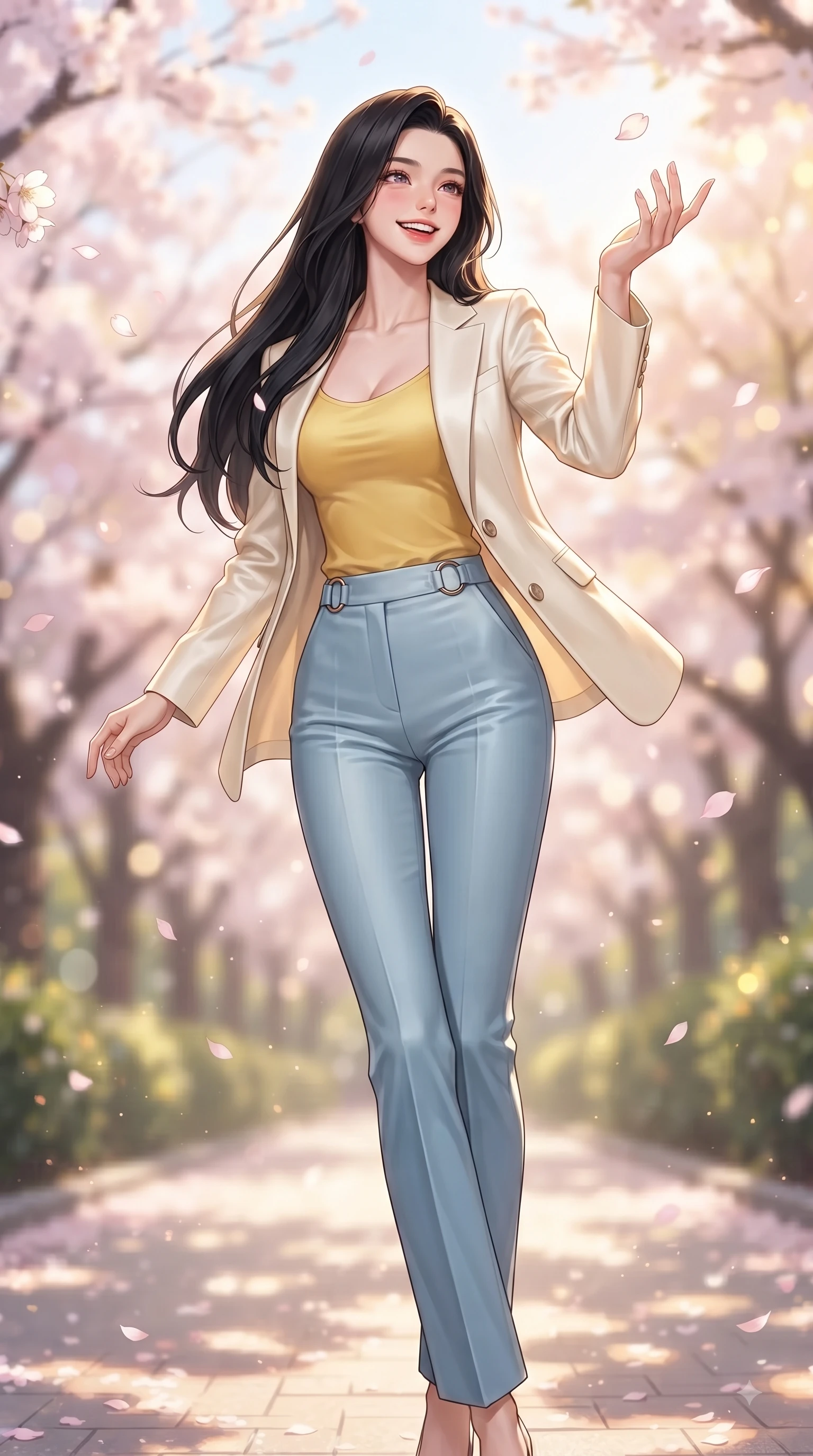 score_9, masterpiece, best quality, ultra-detailed, high-budget anime keyframe, editorial fashion photography, tasteful artistic composition, Korean woman. low angle full-body shot from head to toe showing her feet, filling the entire 9:16 vertical frame with her statuesque presence, stretching her vertical silhouette. performing a cheerful mid-motion turn with flawless poise, her radiant smile capturing fresh girlhood energy while reaching her hand up playfully to catch a floating blossom petal in mid-air. The composition keeps background elements in soft focus with dreamy bokeh. fluttering sakura petals and sunlit park paths softened in romantic background blur. She has an absolutely perfect, statuesque 8.5-heads proportion, an exceptionally tall and slender model-like female figure with impossibly long slender legs and an ultra-slim waist. sharp v-shaped jawline, high-bridge nose, intricate jewel-like eyes with depth, thick eyelashes, glossy lips with a natural sheen, flawlessly proportioned anatomical accuracy, natural body alignment, perfectly sculpted elegant limbs, clean dynamic posture without body distortion. wearing a tailored cream silk blazer over a fitted scoop-neck camisole and slacks in sunny canary yellow and clear sky blue, made of lustrous stretch velvet, accented with subtle metallic ring hardware framing her waist, the sleek second-skin texture accentuating her magnetic presence. bathed in bright morning sunbeams and warm golden sakura backlighting. ultra-reflective glossy finish, specular highlights, metallic sheen, high-contrast stereoscopic depth, volumetric dynamic lighting, 2k, ultra detail, master piece, 9:16 ratio