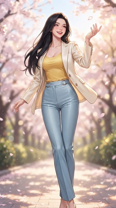 score_9, masterpiece, best quality, ultra-detailed, high-budget anime keyframe, editorial fashion photography, tasteful artistic composition, Korean woman. low angle full-body shot from head to toe showing her feet, filling the entire 9:16 vertical f