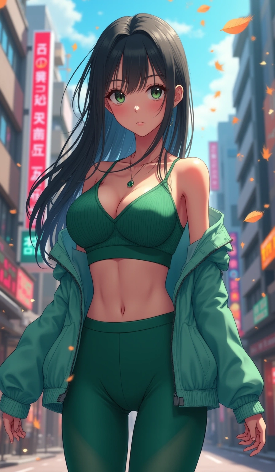 score_9, masterpiece, best quality, ultra-detailed, High-budget Anime Keyframe, beautiful Japanese anime girl. Upper body close-up from the thighs up, character filling the screen for maximum presence. Summoning a vortex of colorful leaves in a futuristic Tokyo street with neon signs. She has an absolutely perfect proportion, an exceptionally tall and slender female figure with impossibly long slender legs and an ultra-slim waist. Sharp v-shaped jawline, high-bridge nose, intricate jewel-like eyes with depth, thick eyelashes, glossy lips with a natural sheen. Wearing a Premium Athleisure outfit: emerald ribbed sports bra and leggings set, sheer windbreaker, sleek high-performance activewear. Background is a bright and colorful environment with cinematic lighting, dynamic particle effects, and high-contrast shadows. 2k, ultra detail, master piece, 9:16 ratio