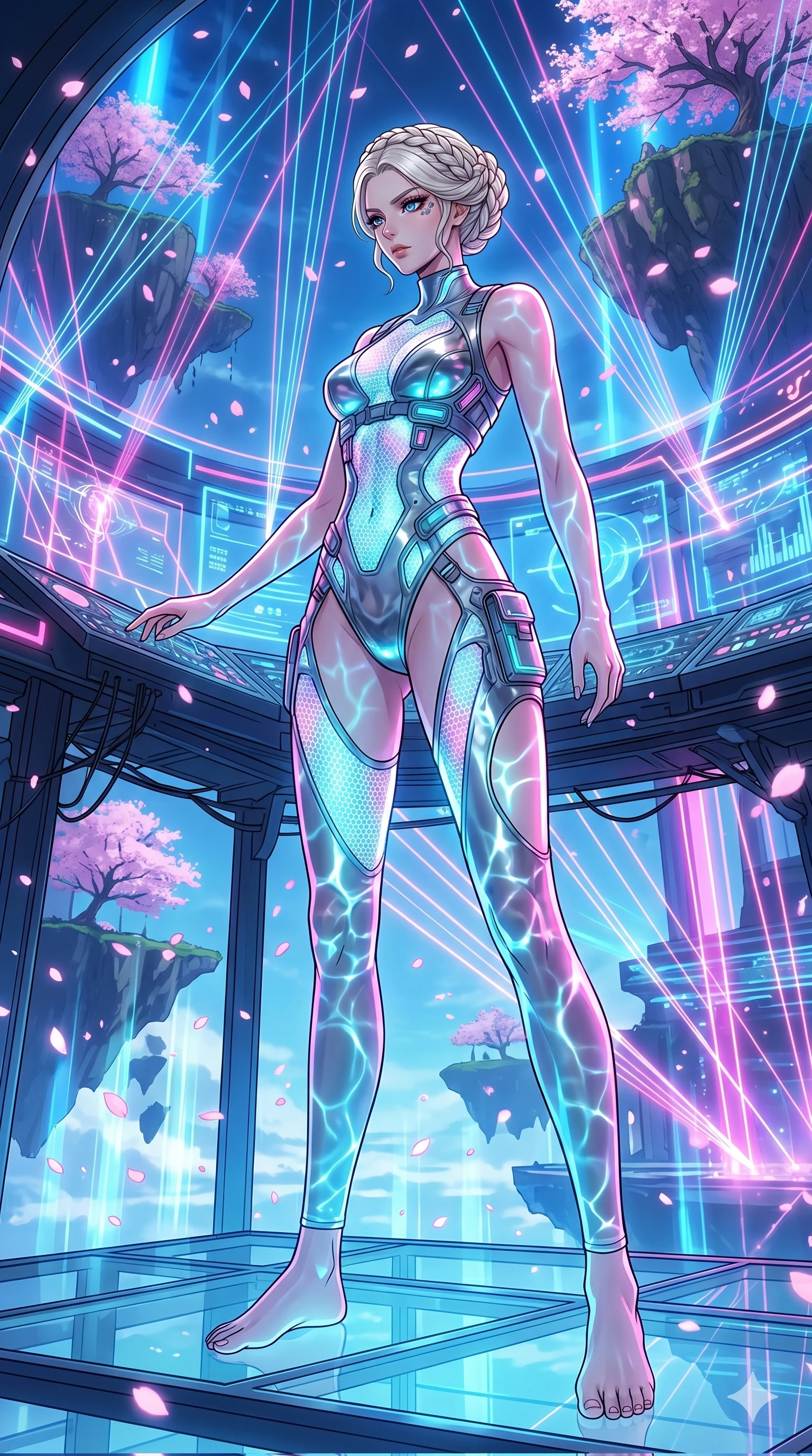 score_9, masterpiece, best quality, ultra-detailed, High-budget Anime Keyframe, vibrant colors, fluid line-art, expressive lighting, cinematic composition, Ufotable-style visual effects, top-tier animation quality, Caucasian woman with pale skin, blonde hair, and (strictly human ears). Cinematic low angle perspective showcasing her towering height and perfect 8-heads proportion. Orchestrating a complex symphony of laser lights and holographic projections in a grand futuristic concert hall. She has an absolutely perfect 8-heads proportion, an exceptionally tall and slender female figure with impossibly long slender legs and an ultra-slim waist, her statuesque height and towering silhouette dominating the vertical 9:16 frame. Her face is a masterpiece featuring a sharp v-shaped jawline, high-bridge nose, intricate jewel-like eyes with depth, thick eyelashes, and glossy lips with a natural sheen. She is wearing a Molten metal-look bodysuit with daring cut-outs and a high-cut silhouette crafted from Fluorescent mesh that glows brightly under neon light, highlighting her silhouette, with integrated neon-lit tactical gear and suggestive cutouts on the thighs. The scene is set in an ancient floating island with pink cherry blossoms falling like snow against a blue sky, illuminated by underwater caustic lighting with ripples of light dancing across her body. 2k, ultra detail, master piece, 9:16 ratio