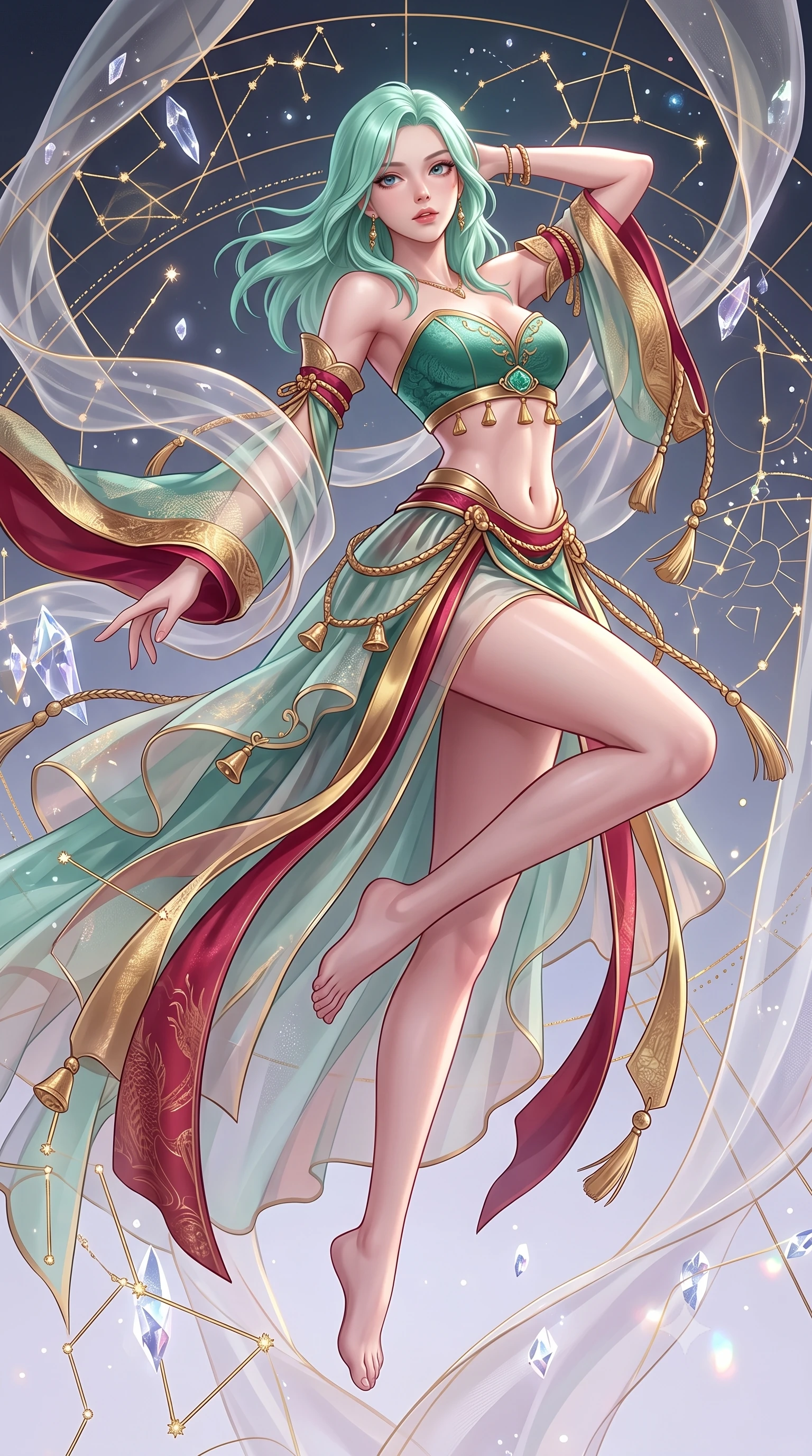 score_9, masterpiece, best quality, ultra-detailed, high-budget anime keyframe, semi-realistic 3D game render, editorial fashion photography, tasteful artistic composition, Japanese woman. low angle full-body shot from head to toe showing her feet, filling the entire 9:16 vertical frame with her statuesque presence, stretching her vertical silhouette. standing poised with one hip cocked in an alluring high-fashion pose, her tall 8.5-heads proportions dominating the scene while pivoting dynamically in mid-air with an athletic yet alluring arch of her spine, weaving through floating golden constellations. The surrounding environment is rendered in vivid detail and crisp panoramic clarity. intricate constellation line engravings, transparent silk fabric weaves, and floating crystal facets in deep focus. She has an absolutely perfect, statuesque 8.5-heads proportion, an exceptionally tall and slender model-like female figure with impossibly long slender legs, a toned flat midriff, and an ultra-slim waist. sharp v-shaped jawline, high-bridge nose, intricate jewel-like eyes with depth, thick eyelashes, glossy lips with a natural sheen, captivating and magnetic expression, flawlessly proportioned anatomical accuracy, strict slender model proportions, natural body alignment, perfectly sculpted long slender limbs, ultra-slim waistline, clean dynamic posture without body distortion. wearing a jade-inlaid silk bustier dress with multi-tiered translucent organza train and metallic sash in imperial gold and deep crimson silk, made of rich textured jacquard silk with dragon scale weave, accessorized with delicate gold bell tassels and braided silk cords, the breezy yet form-flattering drape swaying gracefully with her steps, accentuating her long willowy limbs and slim waistline. illuminated by crisp specular highlights tracing her ultra-slim waist, toned midriff, and long slender limbs. highly saturated vibrant anime colors, detailed shading with soft gradients, rich glossy textures, high-contrast stereoscopic depth, volumetric dynamic lighting, master piece, 9:16 ratio