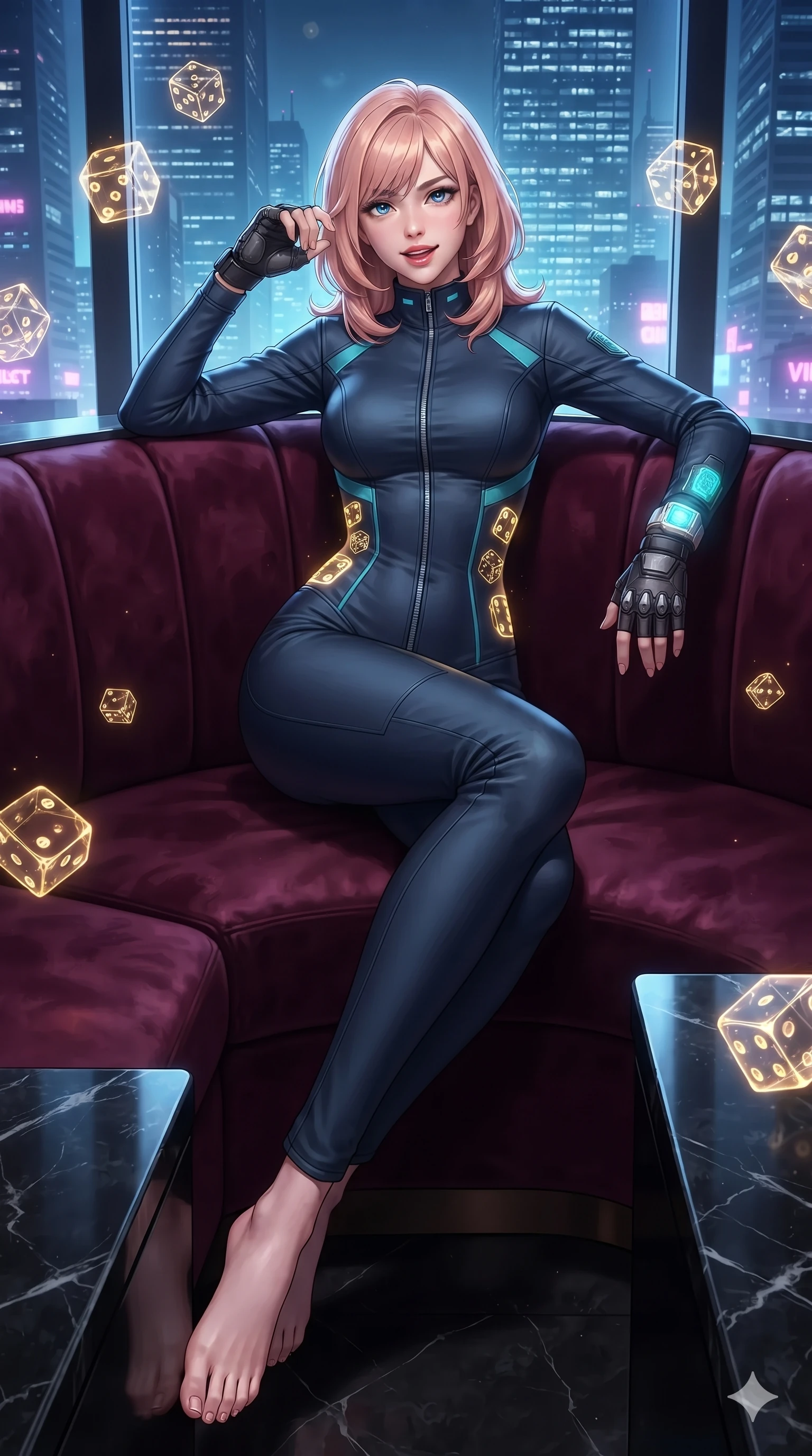 score_9, masterpiece, best quality, ultra-detailed, high-budget anime keyframe, editorial fashion photography, tasteful artistic composition, Japanese woman. low angle full-body shot from head to toe showing her feet, filling the entire 9:16 vertical frame with her statuesque presence, stretching her vertical silhouette. lounging in a plush velvet VIP booth propped on one elbow with legs crossed, flashing an intoxicating smile with parted glossy lips while twisting her slender torso in an alluring S-curve, pulsing cyber-skyline light and golden dice glyphs tracing her flat midriff and hourglass curves. The surrounding environment is rendered in vivid detail and crisp panoramic clarity: sharp holographic dice numeral facets, polished black marble counter bevels, and crisp skyscraper window grids in deep focus. She has an absolutely perfect, statuesque 8.5-heads proportion, an exceptionally tall and slender model-like female figure with impossibly long slender legs, an ultra-slim waist, a flat toned midriff, narrow delicate ribcage, and beautifully sculpted feminine hips creating a graceful, slim hourglass silhouette without any bulky heaviness. sharp v-shaped jawline, high-bridge nose, intricate jewel-like sparkling eyes with depth, thick eyelashes, glossy parted lips with a natural sheen, bright confident smile with an enchanting and coquettish sensual glint, exuding both youthful magnetic charm and sovereign high-tech allure, flawlessly proportioned anatomical accuracy, strict slender model proportions, natural body alignment, perfectly sculpted long slender limbs, ultra-slim waistline, clean dynamic posture without body distortion. wearing a refined long-sleeve high-collar flight jumpsuit crafted with ergonomic pressure-sealed seams in deep space navy and laser turquoise, tailored from brushed aeronautical titanium alloy with matte satin sheen, complemented by fingerless armored tactical gloves and a glowing holographic wrist terminal, the impeccably tailored cut draping gracefully along her slender figure with aristocratic poise. illuminated by bar top reflections and sharp gold-cyan rim lights defining her razor-sharp jawline, narrow waist, and curvy hips. ultra-reflective glossy finish, specular highlights, rich textural contrasts, high-contrast stereoscopic depth, volumetric dynamic lighting, 2k, ultra detail, master piece, 9:16 ratio