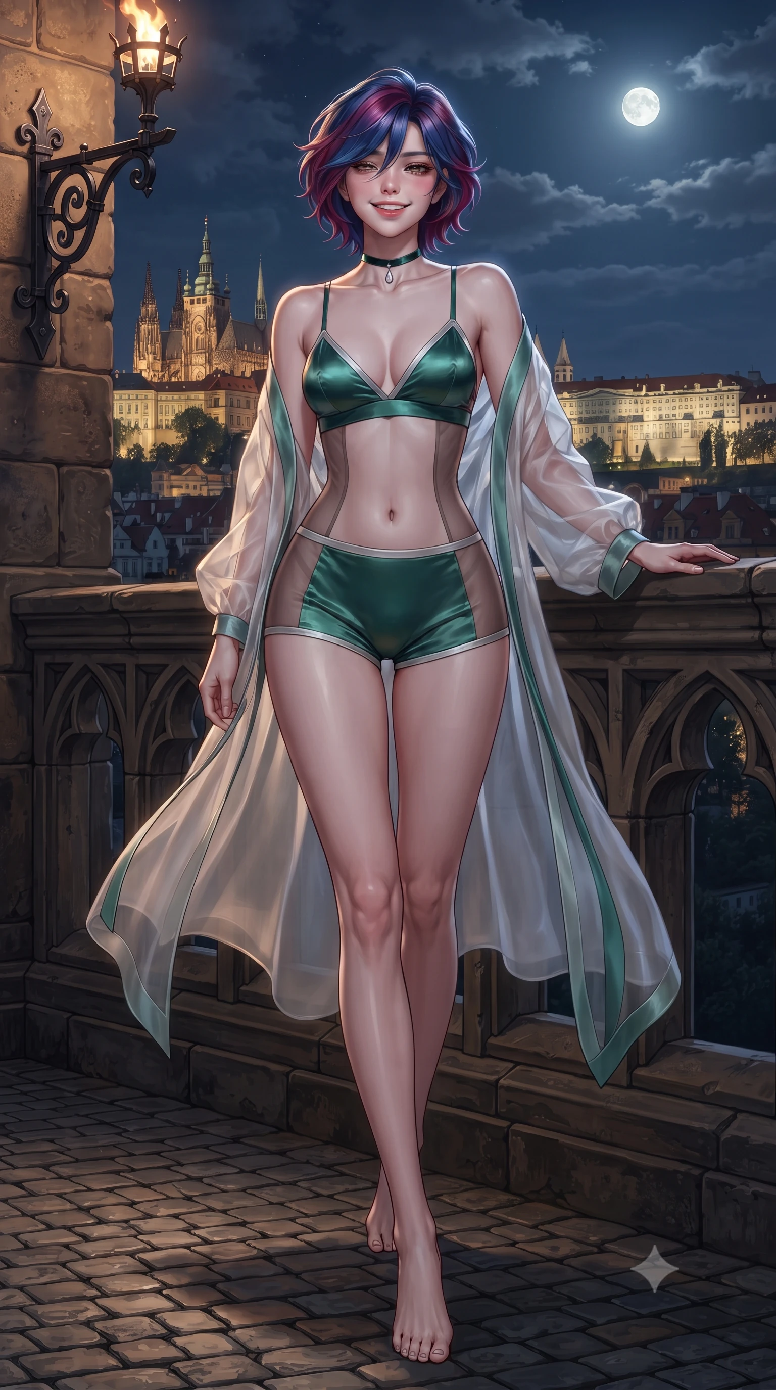score_9, masterpiece, best quality, ultra-detailed, high-budget anime keyframe, editorial fashion photography, tasteful artistic composition, Korean woman. low angle full-body shot from head to toe showing her feet, filling the entire 9:16 vertical frame with her statuesque presence, stretching her vertical silhouette. stepping forward in a confident stride, her long slender legs and curvaceous hips creating a dynamic, sweeping vertical line while leaning against the gothic stone balustrade with hips cocked back, looking out over the illuminated silhouette of Prague Castle with heavy-lidded bedroom-eyes. The surrounding environment is rendered in vivid detail and crisp panoramic clarity: sharp weathered medieval sandstone masonry, hand-forged wrought-iron torch bracket scrollwork, and cobblestone roadway textures in deep focus. She has an exceptionally tall and slender model-like 8.5-heads proportion, an ultra-slim waist, a flat toned midriff, narrow delicate ribcage, and beautifully sculpted feminine hips creating a graceful, slim hourglass silhouette without any bulky heaviness, with impossibly long slender legs. sharp v-shaped jawline, high-bridge nose, intricate jewel-like sparkling eyes with depth, thick eyelashes, glossy parted lips with a natural peach sheen, bright cheerful beaming smile with an enchanting and coquettish sensual glint, exuding both youthful cute charm and seductive allure, flawlessly proportioned anatomical accuracy, strict slender model proportions, natural body alignment, perfectly sculpted long slender limbs, ultra-slim waistline, clean dynamic posture without body distortion. wearing a sheer silk organza modern caftan robe worn loose and slipping off bare shoulders over a matching satin bralette and micro-shorts in Art Nouveau malachite green and antique starlight silver, featuring strategic sheer-illusion tulle side panels framing her ribcage and hips, finished with a thin velvet ribbon choker and a single teardrop diamond pendant, the bespoke structured tailoring following the natural line of her 8.5-heads silhouette with refined elegance. illuminated by stone wall bounce fill and sharp copper-gold rim lights defining her dewy collarbones, ultra-slim waist, and curvy hips. ultra-reflective glossy finish, specular highlights, rich textural contrasts, high-contrast stereoscopic depth, volumetric dynamic lighting, 2k, ultra detail, master piece, 9:16 ratio