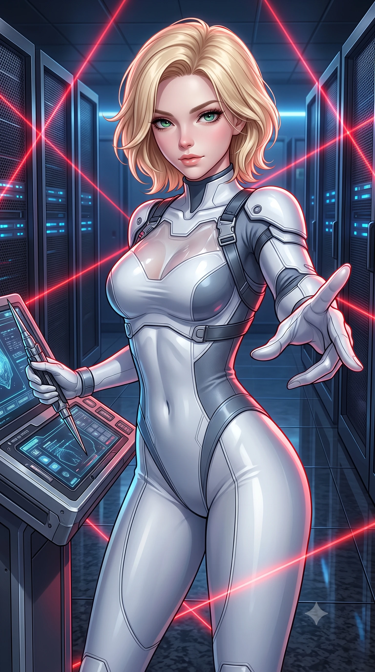 score_9, masterpiece, best quality, ultra-detailed, high-budget anime keyframe, semi-realistic 3D game render, editorial fashion photography, tasteful artistic composition, Caucasian woman. close-up cowboy shot from the waist and thighs up, the character dominates the composition, filling the frame with her large presence. extending one slender arm gracefully toward the foreground while casting an affectionate, mesmerizing glance while holding a high-tech data-extraction spike near a master console terminal with supreme operative confidence. The surrounding environment is rendered in vivid detail and crisp panoramic clarity. sharp laser beam focus points, brushed dark titanium server rack grilles, and granite floor reflections in deep focus. She has an exceptionally elegant, slender, and willowy female figure with an ultra-slim waist, a gracefully sculpted slender torso, toned flat midriff, and a refined slim silhouette. sharp v-shaped jawline, high-bridge nose, intricate jewel-like eyes with depth, thick eyelashes, glossy lips with a natural sheen, captivating and magnetic expression, flawlessly proportioned anatomical accuracy, strict slender model proportions, natural body alignment, perfectly sculpted long slender limbs, ultra-slim waistline, clean dynamic posture without body distortion. wearing a sleek tailored stealth catsuit with transparent armor breastplate and tactical shoulder pauldrons in winter stealth arctic white and slate grey, made of seamless compression knit with anatomical body-contouring support, finished with high-mobility flexible armor joints and magnetic gear clasps, the sleek tailored cut tightly hugging her graceful clavicle, narrow waist, and feminine curves with statuesque precision. bathed in dramatic intersecting red laser beam illumination and cool blue server indicator glow. highly saturated vibrant anime colors, detailed shading with soft gradients, rich glossy textures, high-contrast stereoscopic depth, volumetric dynamic lighting, master piece, 9:16 ratio