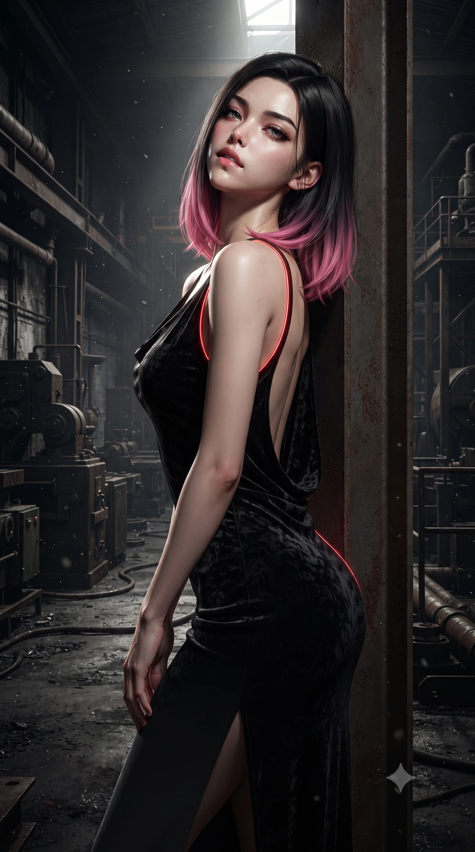 score_9, masterpiece, best quality, ultra-detailed, high-budget anime keyframe, editorial fashion photography, tasteful artistic composition, Korean woman. close-up cowboy shot from the waist and thighs up, the character dominates the composition, filling the frame with her large presence. tilting her head back with a sensual alluring expression, exposing her throat and shoulders to the camera with heavy lashes and softly parted glossy lips while biting her lower lip with a dangerous, tempting smolder while leaning against a massive steel support beam with a smoldering, predatory gaze amidst drifting iron dust. The surrounding environment is rendered in vivid detail and crisp panoramic clarity. high-contrast industrial chiaroscuro and raw cyberpunk factory textures rendered in panoramic precision. She has an exceptionally elegant, slender, and willowy female figure with an ultra-slim waist, a gracefully sculpted slender torso, toned flat midriff, and a refined slim silhouette. sharp v-shaped jawline, high-bridge nose, intricate jewel-like eyes with depth, thick eyelashes, glossy lips with a natural sheen, flawlessly proportioned anatomical accuracy, strict slender model proportions, natural body alignment, perfectly sculpted long slender limbs, ultra-slim waistline, clean dynamic posture without body distortion. wearing a precision-fitted liquid jersey bodycon dress in obsidian black with a dramatic draped cowl back that swoops down to her waist and a high side slit in shadowy asphalt black and subtle neon red edges, made of rich crushed velvet that catches deep directional light with soft gradients, accented with glowing fiber-optic seams tracing her collarbones and hip curves in the gloom, the glove-like aerodynamic second-skin fit tightly clinging to her ultra-slender waist and athletic curves without adding bulk, accentuating her razor-sharp statuesque lines and slim hourglass silhouette. illuminated by sharp specular highlights tracing her ultra-slim waist, long legs, and toned flat midriff. ultra-reflective glossy finish, specular highlights, dark metallic sheen, deep chiaroscuro contrast, volumetric dynamic shadow lighting, 2k, ultra detail, master piece, 9:16 ratio