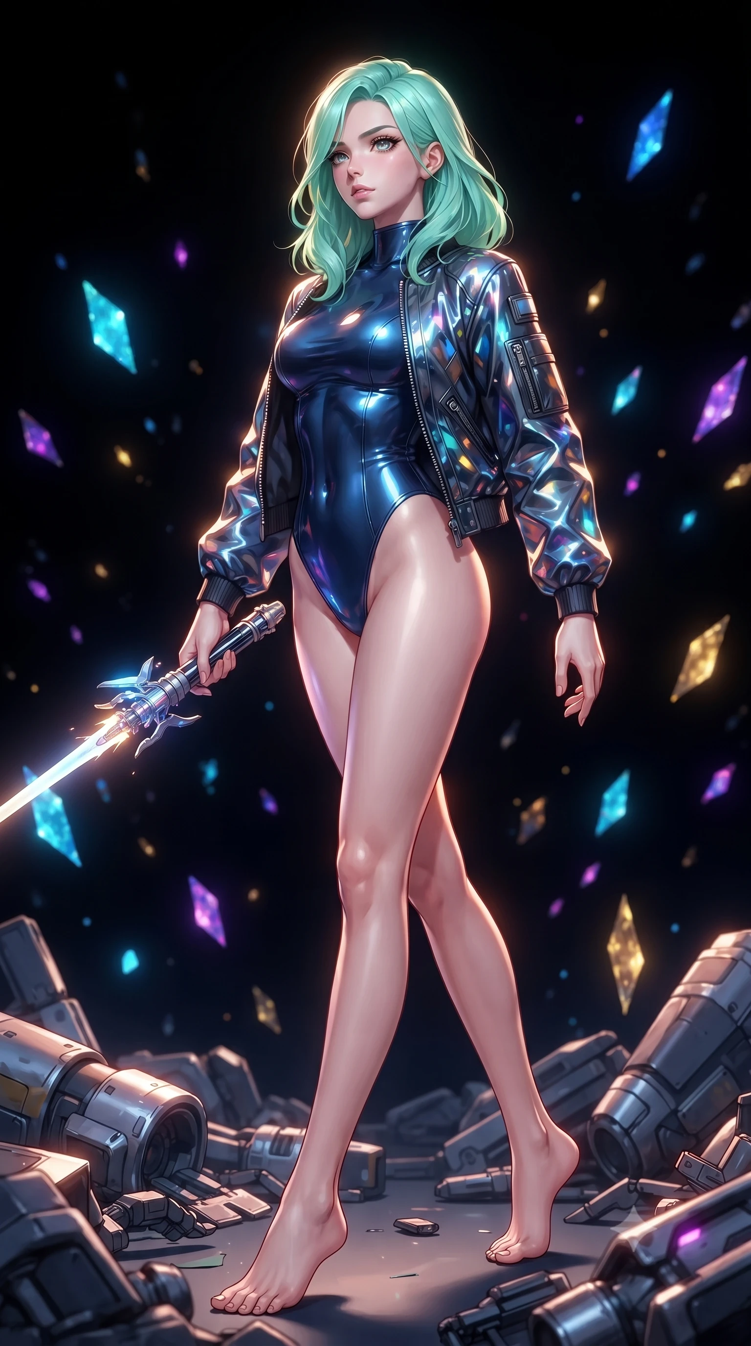 score_9, masterpiece, best quality, ultra-detailed, high-budget anime keyframe, editorial fashion photography, tasteful artistic composition, Japanese woman. low angle full-body shot from head to toe showing her feet, filling the entire 9:16 vertical frame with her statuesque presence, stretching her vertical silhouette. stepping gracefully through battlefield debris with a glowing saber hilt in hand, looking back over her shoulder, the background shows a soft-focus a digital combat arena with glowing data-shards floating in a pitch-black void. She has an absolutely perfect, statuesque 8.5-heads proportion, an exceptionally tall and slender model-like female figure with impossibly long slender legs and an ultra-slim waist. sharp v-shaped jawline, high-bridge nose, intricate jewel-like eyes with depth, thick eyelashes, glossy lips with a natural sheen. wearing a slim-fit form-contouring high-neck bodysuit in midnight blue, worn under an open carbon-plated flight jacket. the vibrant light of the data-shards casting a colorful, dramatic rim light. ultra-reflective glossy finish, specular highlights, metallic sheen, high-contrast stereoscopic depth, volumetric dynamic lighting, 2k, ultra detail, master piece, 9:16 ratio