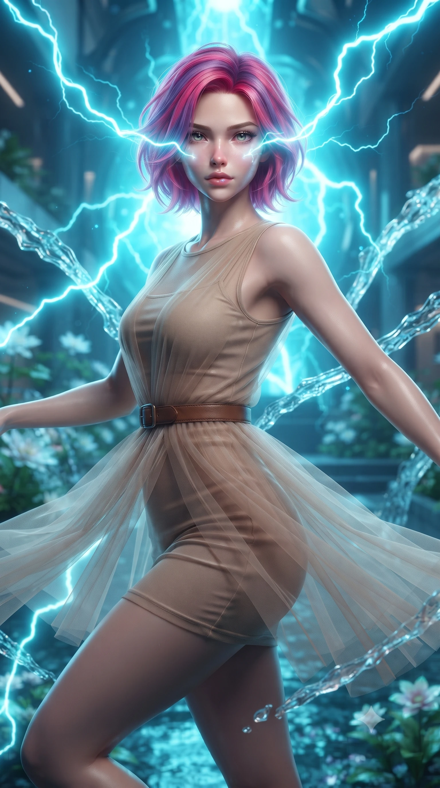 score_9, masterpiece, best quality, ultra-detailed, high-budget anime keyframe, editorial fashion photography, tasteful artistic composition, realistic cosplay photography, Caucasian woman, strictly human ears. close-up cowboy shot from the waist and thighs up, the character dominates the composition, filling the frame with her large presence, background elements kept in soft focus. Overloading the reactor core, her face illuminated by the bright cyan electrical energy arcing around her. set against a soft-focus background of a modern courtyard with water streams that flow in geometric patterns defying gravity, nanotech flowers blooming instantly. She has an exceptionally elegant and slender, willowy female figure with an ultra-slim waist, a gracefully sculpted slender torso, and a refined slim physique. sharp v-shaped jawline, high-bridge nose, intricate jewel-like eyes with depth, thick eyelashes, glossy lips with a natural sheen. wearing the lightweight fabric rippling and billowing dramatically with her movement, a tailored transparent overlay skirt in beige tulle over a fitted matching mini dress, styled with a leather belt. brilliant cinematic volumetric lighting with intense neon rim light outlining her form. ultra-reflective glossy finish, specular highlights, metallic sheen, high-contrast stereoscopic depth, volumetric dynamic lighting, 2k, ultra detail, master piece, 9:16 ratio