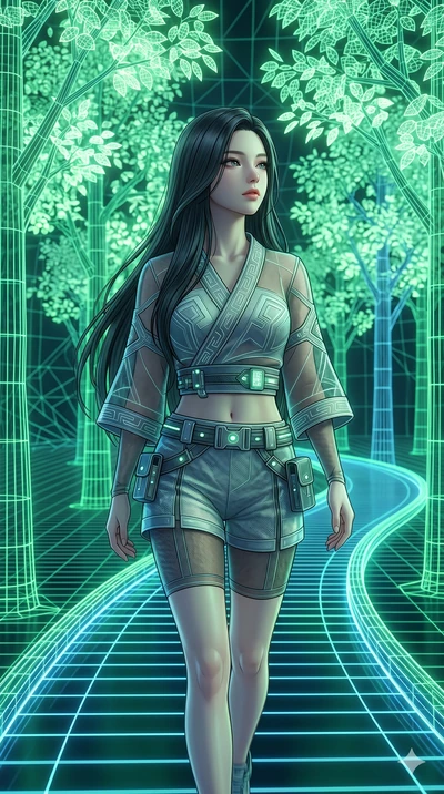 score_9, masterpiece, best quality, ultra-detailed, high-budget anime keyframe, Korean woman. Upper body close-up from the thighs up, character filling the screen for maximum presence. Inside a virtual reality forest of glowing wireframe trees, walki