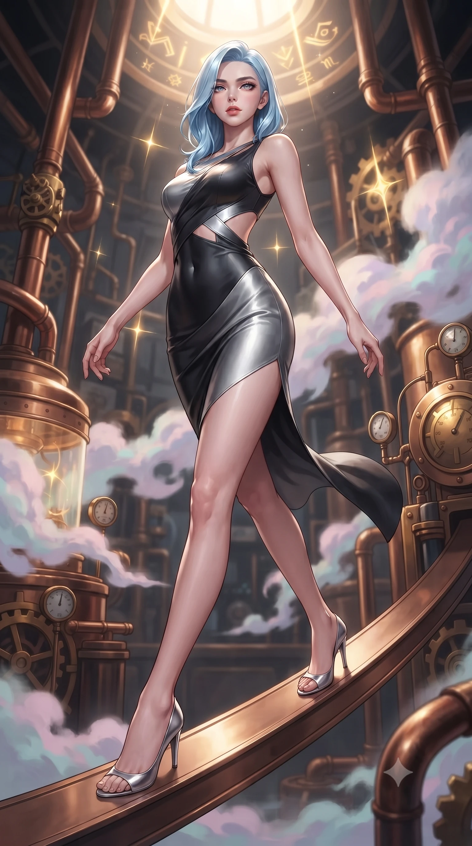 score_9, masterpiece, best quality, ultra-detailed, high-budget anime keyframe, editorial fashion photography, tasteful artistic composition, Korean woman. low angle full-body shot from head to toe showing her feet, filling the entire 9:16 vertical frame with her statuesque presence, stretching her vertical silhouette. forging dynamically through the scene with her long slender legs and ultra-slim waist creating a sweeping S-curve while stepping along a curved bronze beam while pastel steam clouds swirl around her, intricate copper pipes and brass gears gleam with furnace heat reflections. She has an absolutely perfect, statuesque 8.5-heads proportion, an exceptionally tall and slender model-like female figure with impossibly long slender legs and an ultra-slim waist. sharp v-shaped jawline, high-bridge nose, intricate jewel-like eyes with depth, thick eyelashes, glossy lips with a natural sheen, flawlessly proportioned anatomical accuracy, natural body alignment, perfectly sculpted elegant limbs, clean dynamic posture without body distortion. wearing a precision-fitted liquid jersey bodycon dress with a graceful draped back in matte black and polished silver, crafted from lustrous satin jersey with fluid draping, featuring subtle geometric cutouts that highlight her ultra-slim midriff, the sleek second-skin texture accentuating her magnetic presence. illuminated by golden alchemy rune radiance and dramatic top key light. ultra-reflective glossy finish, specular highlights, metallic sheen, high-contrast stereoscopic depth, volumetric dynamic lighting, 2k, ultra detail, master piece, 9:16 ratio