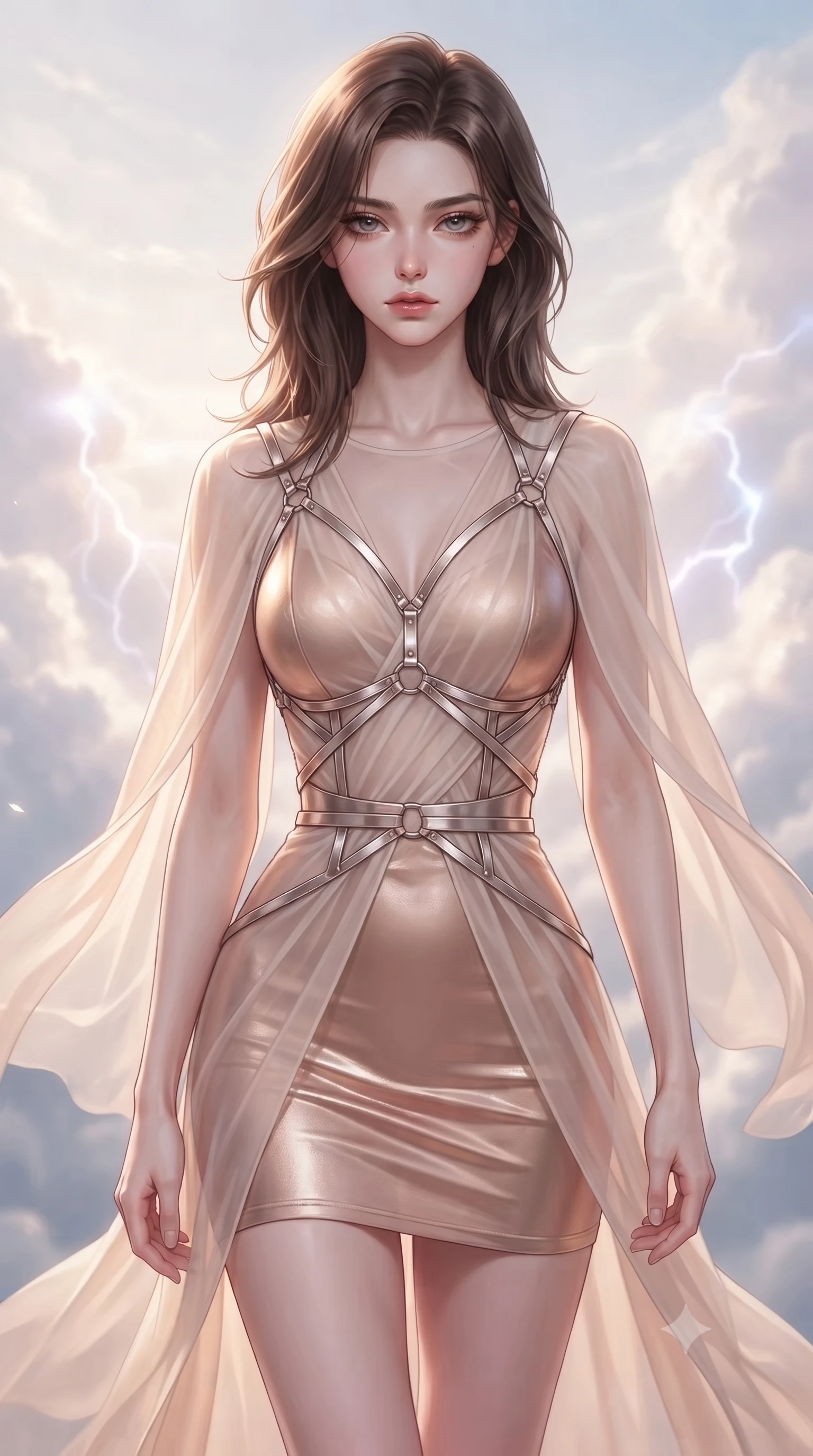 score_9, masterpiece, best quality, ultra-detailed, high-budget anime keyframe, editorial fashion photography, tasteful artistic composition, Korean woman. close-up cowboy shot from the waist and thighs up, the character dominates the composition, filling the frame with her large presence, background elements kept in soft focus. Casting a slow, direct gaze beneath heavy lashes with quiet intensity, walking through a cloud sanctuary as soft thunderless lightning glows within cloud walls, sky currents blowing her attire in graceful statuesque motion. She has an exceptionally elegant, slender, and willowy female figure with an ultra-slim waist, a gracefully sculpted slender torso, and a refined silhouette. sharp v-shaped jawline, high-bridge nose, intricate jewel-like eyes with depth, thick eyelashes, glossy lips with a natural sheen. wearing aerodynamic second-skin rose-gold metallic bodycon dress in champagne gold, made of sheer opal chiffon overlay, highlighted by a platinum metallic harness structure, highlighting her statuesque proportions and ultra-slim waistline. lit by clear sun-drenched sky light with soft ethereal shadows. highly saturated vibrant anime colors, detailed shading with soft gradients, rich glossy textures, high-contrast stereoscopic depth, volumetric dynamic lighting, master piece, 9:16 ratio