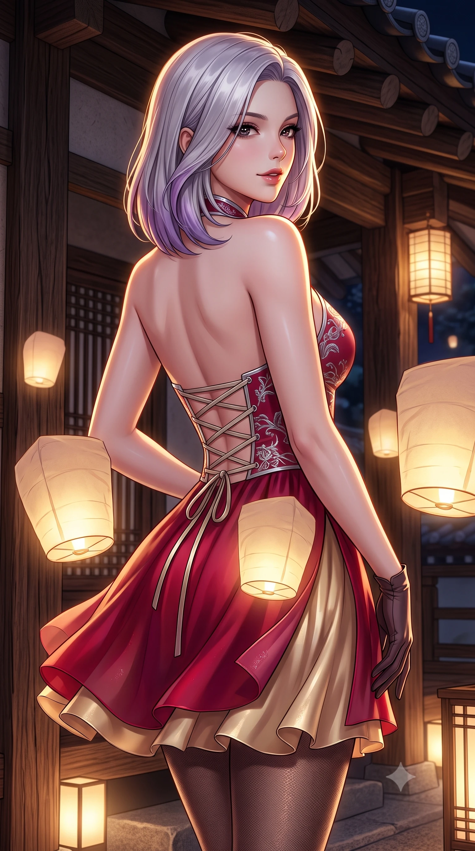 score_9, masterpiece, best quality, ultra-detailed, high-budget anime keyframe, semi-realistic 3D game render, editorial fashion photography, tasteful artistic composition, Caucasian woman. close-up cowboy shot from the waist and thighs up, the character dominates the composition, filling the frame with her large presence. posing in an alluring rear three-quarter angle, turning over a bare shoulder with an intoxicating gaze, her hips cocked back to highlight her slim hourglass curve while twisting her slender torso in an alluring contrapposto stance, floating illuminated paper lanterns casting warm parchment glow across her waist and hips. The surrounding environment is rendered in vivid detail and crisp panoramic clarity: sharp mulberry paper fiber textures, rough-hewn oak timber grain, and delicate paper lantern framework in deep focus. She has an exceptionally elegant, slender, and willowy female figure with an ultra-slim waist, flat toned midriff, narrow ribcage, and sculpted feminine hips creating an alluring, slim hourglass silhouette without bulk. sharp v-shaped jawline, high-bridge nose, intricate jewel-like dark sparkling almond eyes with depth, thick lashes, glossy parted lips with a natural rose-plum sheen, bright alluring and coquettish smile with bedroom-eyes, exuding both timeless oriental elegance and sovereign high-fashion allure, flawlessly proportioned anatomical accuracy, strict slender model proportions, natural body alignment, perfectly sculpted long slender limbs, ultra-slim waistline, clean dynamic posture without body distortion. wearing a modern halter-neck fusion hanbok bodice with delicate silver embroidery and a fluttering layered chiffon wrap mini skirt in royal crimson red and lustrous champagne gold, tailored from fine crisp cotton-linen with clean structural lines, finished with criss-cross back satin laces tracing her slender spine, the glove-like silhouette tightly following the natural contour of her hips and long slender legs with youthful 8.5-heads elegance. illuminated by soft floor uplighting and sharp golden-amber rim lighting carving her razor-sharp jawline, narrow waist, and curvy hips. highly saturated vibrant anime colors, detailed shading with soft gradients, rich glossy textures, high-contrast stereoscopic depth, volumetric dynamic lighting, master piece, 9:16 ratio
