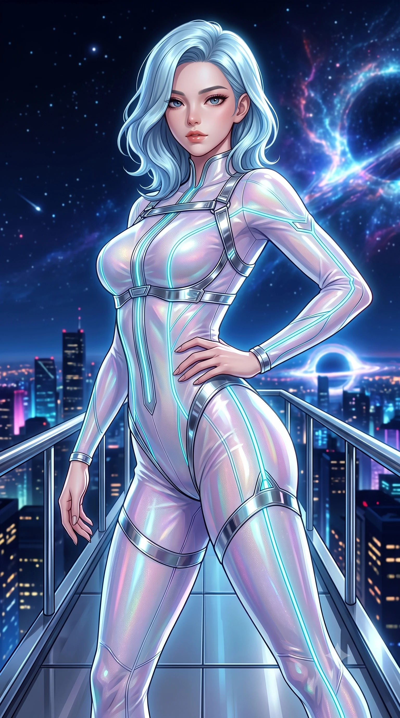 score_9, masterpiece, best quality, ultra-detailed, high-budget anime keyframe, semi-realistic 3D game render, editorial fashion photography, tasteful artistic composition, Korean woman. close-up cowboy shot from the waist and thighs up, the character dominates the composition, filling the frame with her large presence. twisting her upper body in a dynamic S-curve with commanding allure, one hand resting on her slender waist with haughty grace while stepping along a narrow chrome gantry extending into the open night air with commanding supermodel grace. The surrounding environment is rendered in vivid detail and crisp panoramic clarity. vibrant high-contrast night skyline and electrifying cosmic phenomena rendered in panoramic precision. She has an exceptionally elegant, slender, and willowy female figure with an ultra-slim waist, a gracefully sculpted slender torso, toned flat midriff, and a refined slim silhouette. sharp v-shaped jawline, high-bridge nose, intricate jewel-like eyes with depth, thick eyelashes, glossy lips with a natural sheen, flawlessly proportioned anatomical accuracy, strict slender model proportions, natural body alignment, perfectly sculpted long slender limbs, ultra-slim waistline, clean dynamic posture without body distortion. wearing an ultra-sleek aerodynamic tech-jumpsuit sculpted tightly to her figure, accented with glowing fiber-optic spine lines in polished mirror chrome and glowing electric cyan neon, crafted from delicate iridescent organza interwoven with luminescent micro-fibers, reinforced by a sleek metallic chrome harness and delicate glowing micro-straps, the liquid-tight tailored fabric emphasizing every curve of her tall, slender model proportions and sculptured silhouette during dynamic movement. illuminated by crisp white key lighting with sharp specular highlights tracing her ultra-slim waist and long legs. rich saturated anime colors with glowing neon highlights, detailed shading with soft gradients, rich glossy textures, high-contrast stereoscopic depth, volumetric dynamic lighting, master piece, 9:16 ratio