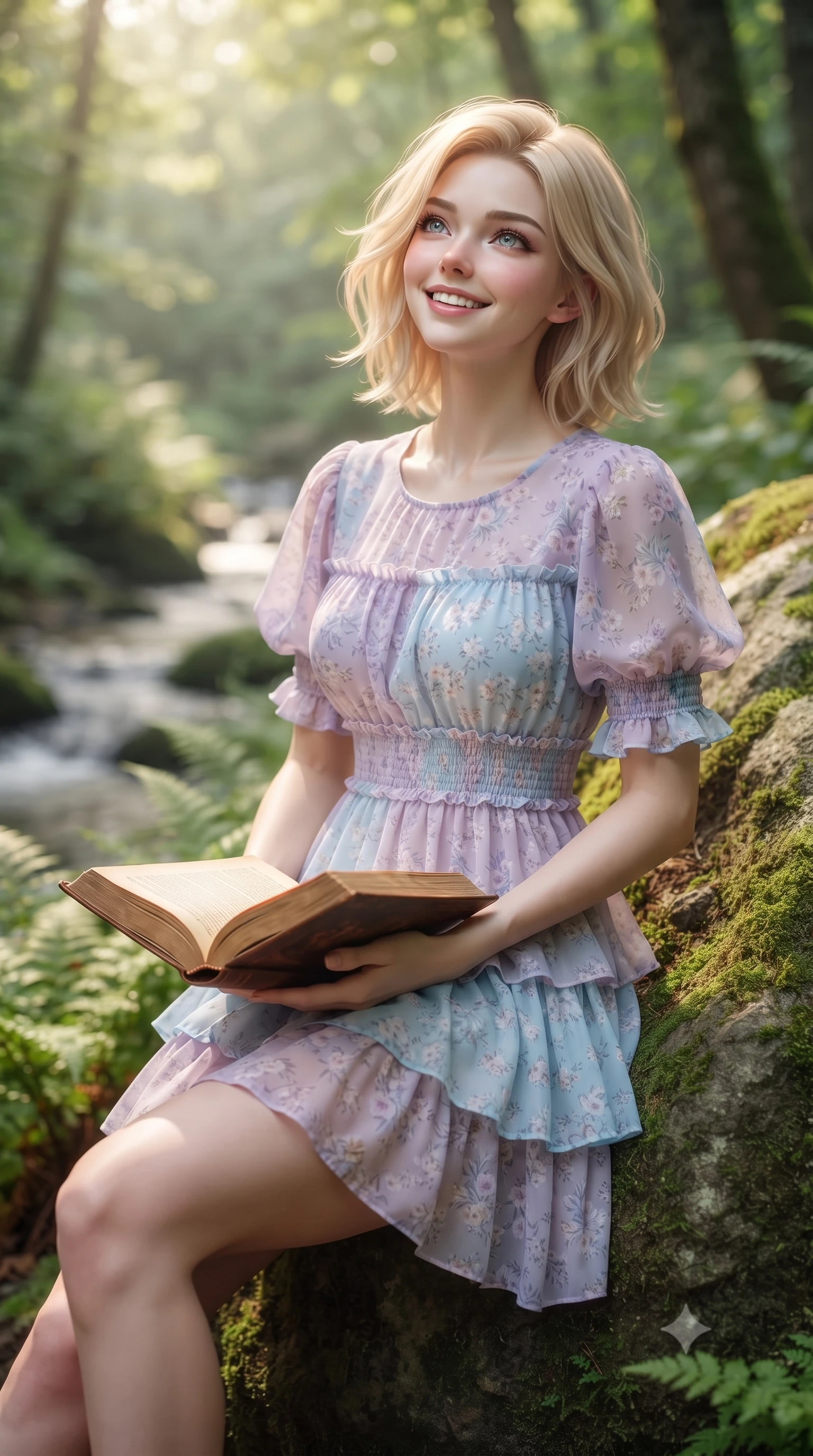score_9, masterpiece, best quality, ultra-detailed, high-budget anime keyframe, editorial fashion photography, tasteful artistic composition, Caucasian woman. close-up cowboy shot from the waist and thighs up, the character dominates the composition, filling the frame with her large presence. radiating a joyful bright smile with sparkling jewel-like eyes and pure charming energy, leaning forward with playful grace while leaning against a mossy forest boulder with a book in her lap, looking up with a gentle, enchanting expression. The composition keeps background elements in soft focus with creamy bokeh. babbling brook currents and lush fern undergrowth softened by gentle shallow depth of field. She has an exceptionally elegant, slender, and willowy female figure with an ultra-slim waist, a gracefully sculpted slender torso, toned flat midriff, and a refined slim silhouette. sharp v-shaped jawline, high-bridge nose, intricate jewel-like eyes with depth, thick eyelashes, glossy lips with a natural sheen, pure and lovely fresh girlhood expression, flawlessly proportioned anatomical accuracy, strict slender model proportions, natural body alignment, perfectly sculpted long slender limbs, ultra-slim waistline, clean dynamic posture without body distortion. wearing a breezy tiered chiffon sundress with delicate floral print and short flutter sleeves in soft pastel lavender and delicate sky blue, made of fine lightweight chiffon with a soft fluid drape, accented with soft smocked elastic details and ruffled cuff trims, the tailored casual silhouette highlighting her fresh and youthful presence and perfectly proportioned slender frame. surrounded by a pure, healing, and magically enchanting forest fairy maiden aura. ultra-reflective glossy finish, specular highlights, rich natural textures, high-contrast stereoscopic depth, volumetric dynamic lighting, 2k, ultra detail, master piece, 9:16 ratio