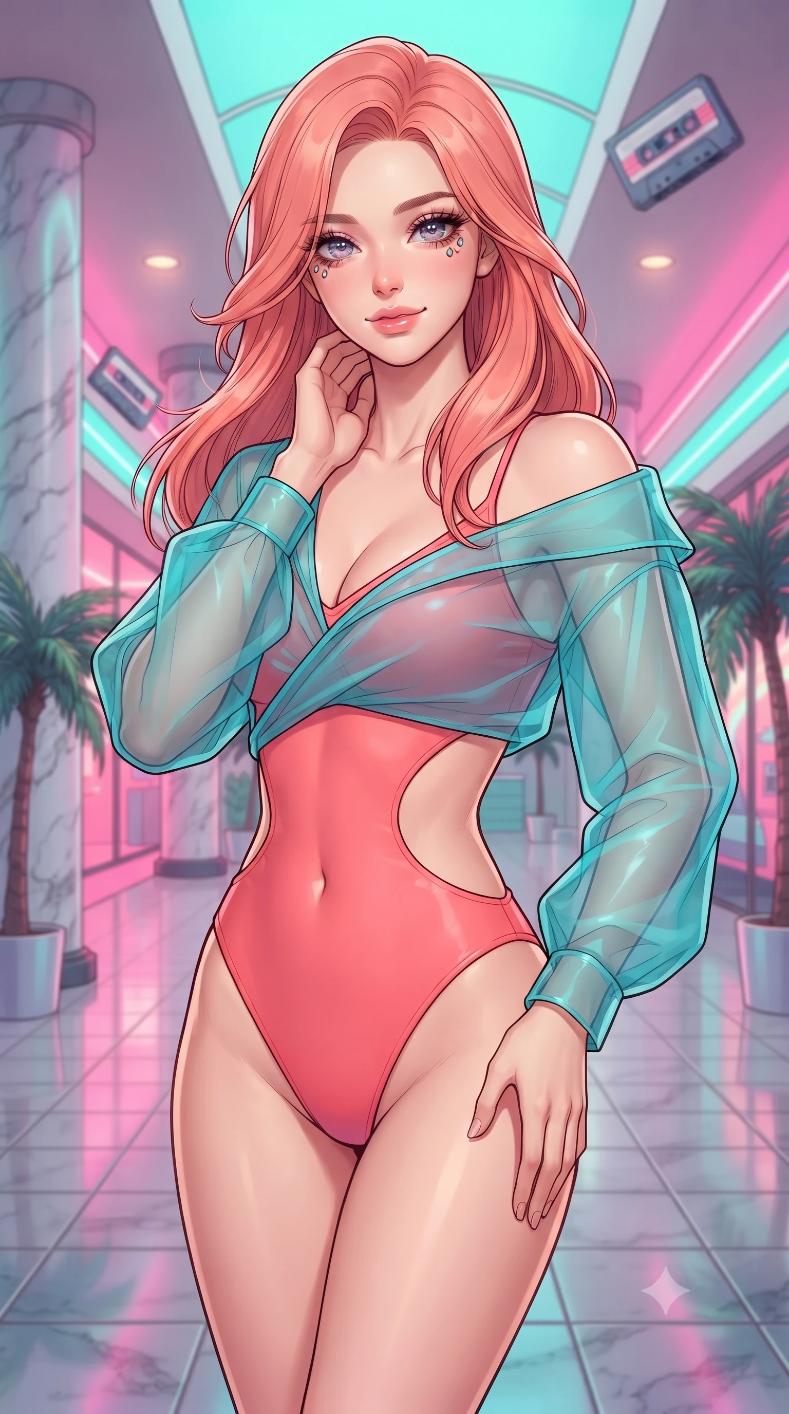 score_9, masterpiece, best quality, ultra-detailed, high-budget anime keyframe, editorial fashion photography, tasteful artistic composition, gorgeous anime illustration, with clean line-art, distinct ink outlines, and high-contrast stereoscopic depth, Japanese woman. close-up cowboy shot from the waist and thighs up, the character dominates the composition, filling the frame with her large presence, background elements kept in soft focus. Gently tilting her head with a serene, peaceful smile of quiet happiness. set against a soft-focus background of inside a retro-themed shopping arcade with marble pillars, neon-pink lights, potted palm trees, and floating cassette tape sculptures. She has an exceptionally elegant, slender, and willowy female figure with a highly-defined ultra-slim waist, a gracefully sculpted slender torso, and a refined slim-fit silhouette that contours her form. sharp v-shaped jawline, high-bridge nose, intricate jewel-like eyes with depth, thick eyelashes, glossy lips with a natural sheen. wearing a vibrant coral pink bodysuit with a dramatic open-waist cutout, layered with a sheer turquoise organza wrap shrug. vivid neon-pink and turquoise lights reflecting off polished marble floors, creating a saturated retro aesthetic. 2k, ultra detail, master piece, 9:16 ratio, highly saturated vibrant anime colors, detailed cel-shading with soft gradients, rich glossy textures, deep contrast, volumetric dynamic lighting, 2d animation style