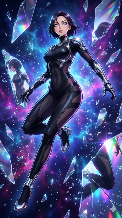 score_9, masterpiece, best quality, ultra-detailed, Set A: High-budget Anime Keyframe, Korean woman. Low angle cowboy shot filling the entire 9:16 frame with her statuesque presence. Leaping through a dimension of floating mirrors, while her eyes glo