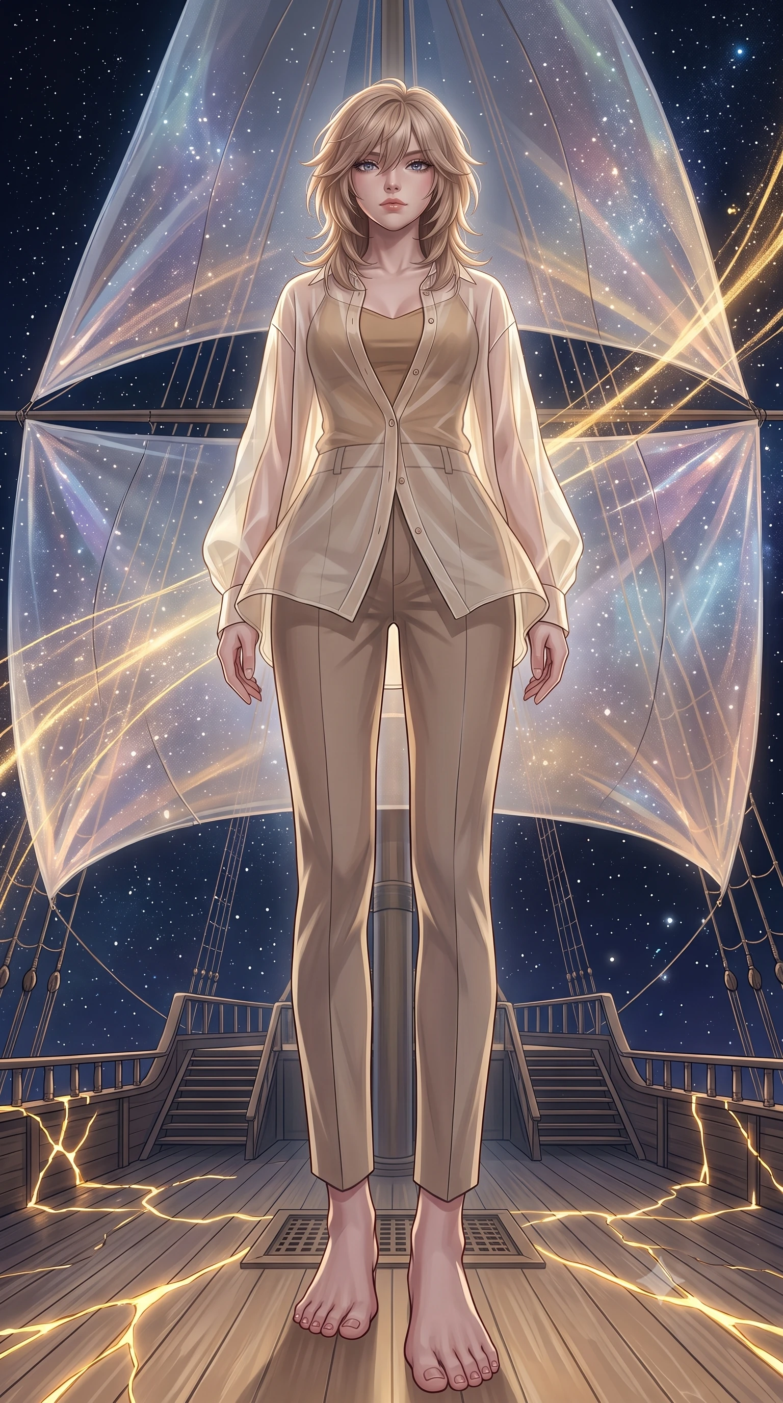score_9, masterpiece, best quality, ultra-detailed, high-budget anime keyframe, editorial fashion photography, tasteful artistic composition, Japanese woman. low angle full-body shot from head to toe showing her feet, filling the entire 9:16 vertical frame with her statuesque presence, stretching her vertical silhouette. floating with ethereal lightness within the deck of a magnificent interstellar sailing vessel with enormous gossamer light-sails billowing with stellar wind cosmic rays visible as golden streaks against the star-filled void beyond the railings. She has a statuesque 8.5-heads proportion, an exceptionally tall, slender and willowy model-like build with impossibly long legs and a highly sculpted ultra-slim waist. sharp v-shaped jawline, high-bridge nose, intricate jewel-like eyes with depth, thick eyelashes, glossy lips with a natural sheen. wearing a semi-transparent cream organza oversized shirt layered naturally over a tan-colored camisole top, paired with tailored trousers. glowing kintsugi gold light radiating from cracks in the environment creating a majestic inner glow. 2k, ultra detail, master piece, 9:16 ratio
