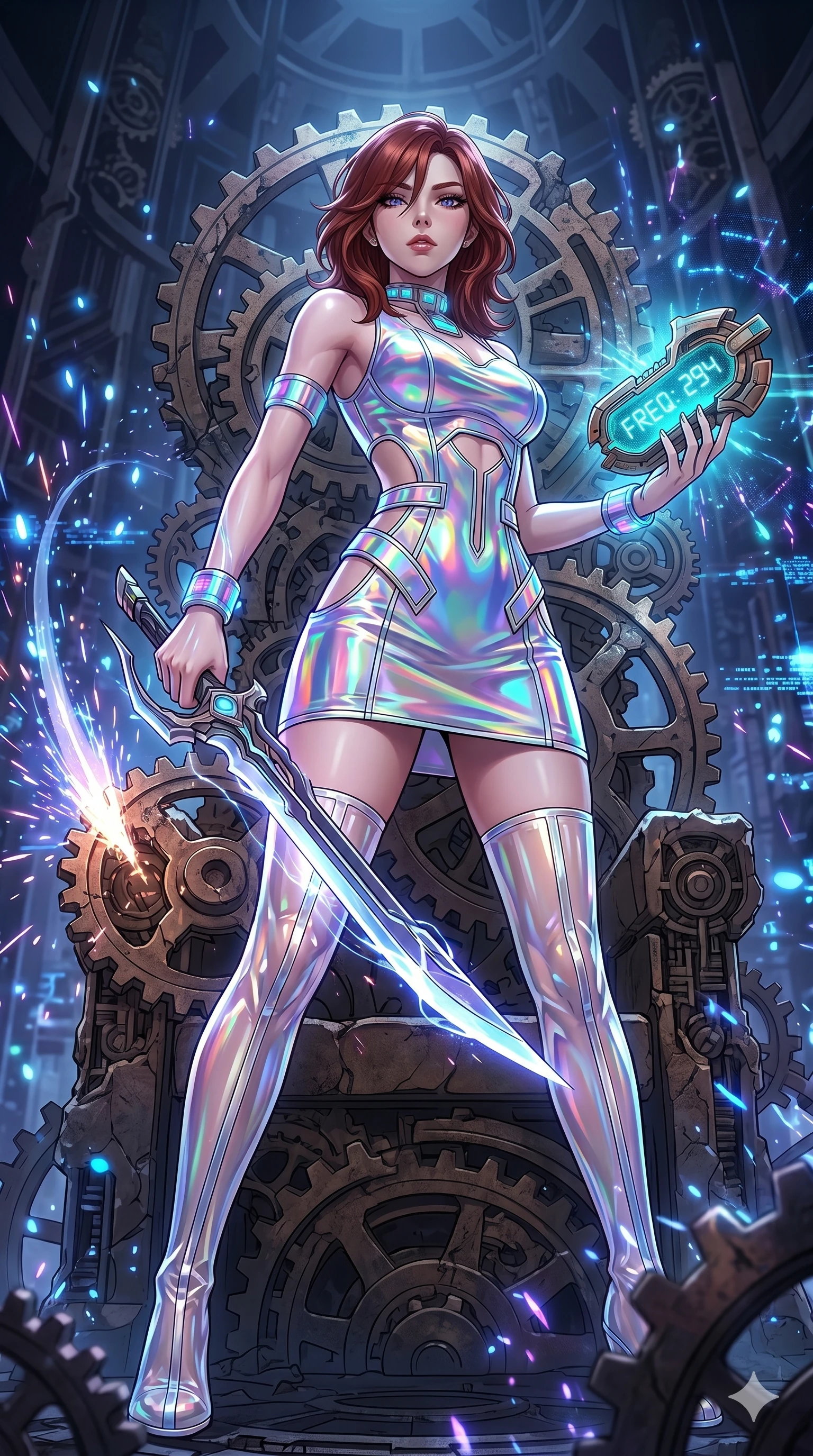 score_9, masterpiece, best quality, ultra-detailed, Set A: High-budget Anime Keyframe, Korean woman. Low angle cowboy shot filling the entire 9:16 frame with her statuesque presence. Drawing a blade through a throne of gears, holding a relic that pulses with the frequency 294 and surrounded by glowing energy sparks. She has an absolutely perfect 8-heads proportion, an exceptionally tall and slender female figure with impossibly long slender legs and an ultra-slim waist. Sharp v-shaped jawline, high-bridge nose, intricate jewel-like eyes with depth, thick eyelashes, glossy lips with a natural sheen. Wearing Holographic vinyl mini-dress with transparent PVC boots and glowing jewelry. Cinematic lighting, vibrant colors, dramatic shadows, 2k, ultra detail, master piece, 9:16 ratio