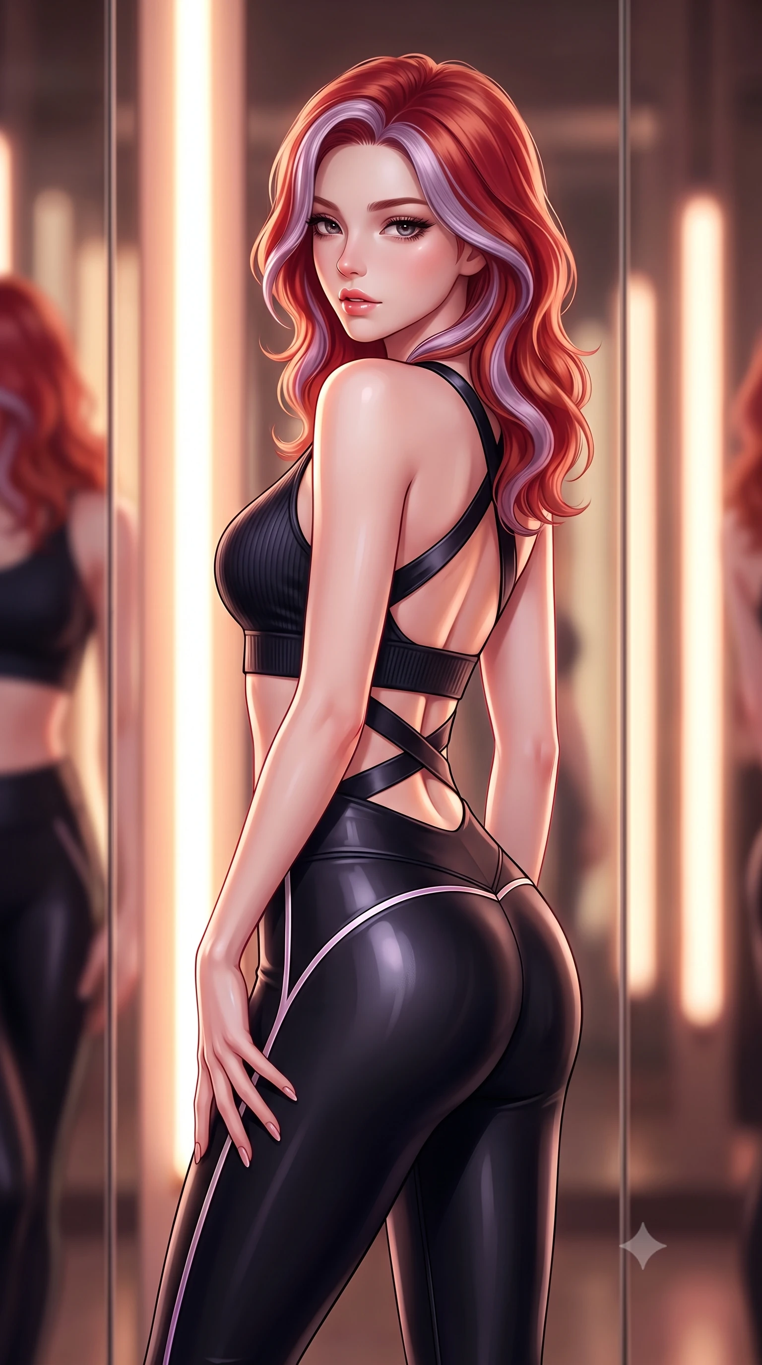 score_9, masterpiece, best quality, ultra-detailed, high-budget anime keyframe, semi-realistic 3D game render, editorial fashion photography, tasteful artistic composition, Caucasian woman. close-up cowboy shot from the waist and thighs up, the character dominates the composition, filling the frame with her large presence. resting one manicured hand delicately on her hip bone, her upper body turning in a fluid, seductive S-curve while parted lips glisten in the light while standing with her back to the floor-to-ceiling mirror, looking over her bare shoulder with hips cocked dramatically in an alluring high-fashion stance. The composition keeps background elements in soft focus with creamy bokeh. infinite studio mirror reflections and warm vertical light tubes blurred into glowing amber, rose-gold, and ivory bokeh. She has an exceptionally elegant, slender, and willowy female figure with an ultra-slim waist, a gracefully sculpted slender torso, toned flat midriff, and rounded feminine hips creating an alluring hourglass silhouette. sharp v-shaped jawline, high-bridge nose, intricate jewel-like eyes with depth, thick eyelashes, glossy parted lips with a natural sheen, intensely captivating and seductive bedroom-eyes expression, flawlessly proportioned anatomical accuracy, strict slender model proportions, natural body alignment, perfectly sculpted long slender limbs, ultra-slim waistline, clean dynamic posture without body distortion. wearing a seamless ribbed athletic crop top paired with ultra-high-waisted sculpting leggings accentuating her glutes in pitch black with gloss neon piping, crafted from second-skin aerodynamic stretch vinyl with specular sheen, accented with criss-cross satin back straps framing her bare spine and hips, the form-contouring material adhering flawlessly to her sculpted flat midriff and slender torso, emphasizing her long leg lines and perfectly proportioned willowy build. surrounded by a disciplined, sensual, and exquisitely graceful haute-couture dancer aura. highly saturated vibrant anime colors, detailed shading with soft gradients, rich glossy textures, high-contrast stereoscopic depth, volumetric dynamic lighting, master piece, 9:16 ratio