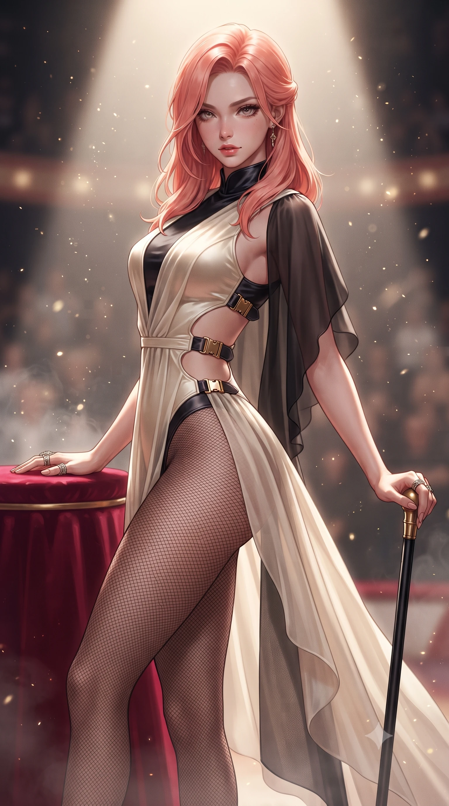 score_9, masterpiece, best quality, ultra-detailed, high-budget anime keyframe, editorial fashion photography, tasteful artistic composition, Japanese woman. close-up cowboy shot from the waist and thighs up, the character dominates the composition, filling the frame with her large presence. arching her spine backward with effortless dancer poise, one hand sliding along her hip line as directional light carves specular highlights along her silhouette while leaning against a crimson circus ringmaster podium with hips cocked back, holding a gold-tipped cane while locking smoldering eyes with the lens. The composition keeps background elements in soft focus with creamy bokeh. drifting stage haze and floating glitter particles catching spotlight rays across the arena. She has an exceptionally elegant, slender, and willowy female figure with an ultra-slim waist, a gracefully sculpted slender torso, toned flat midriff, and rounded feminine hips creating an alluring hourglass silhouette. sharp v-shaped jawline, high-bridge nose, intricate jewel-like eyes with depth, thick eyelashes, glossy parted lips with a natural sheen, intensely captivating and seductive bedroom-eyes expression, flawlessly proportioned anatomical accuracy, strict slender model proportions, natural body alignment, perfectly sculpted long slender limbs, ultra-slim waistline, clean dynamic posture without body distortion. wearing a high-collar velvet speedsuit featuring bold side cutouts and quick-release brass buckles in vintage champagne ivory and black satin, woven from layered gossamer chiffon with a weightless sweeping drape, finished with sheer fishnet tights accentuating her long slender legs, the precision-cut side openings and low-back scoop framing her graceful spine and the sensual sweep of her hips. surrounded by an eccentric, spellbinding, and dangerously seductive circus queen aura. ultra-reflective glossy finish, specular highlights, rich textural contrasts, high-contrast stereoscopic depth, volumetric dynamic lighting, 2k, ultra detail, master piece, 9:16 ratio