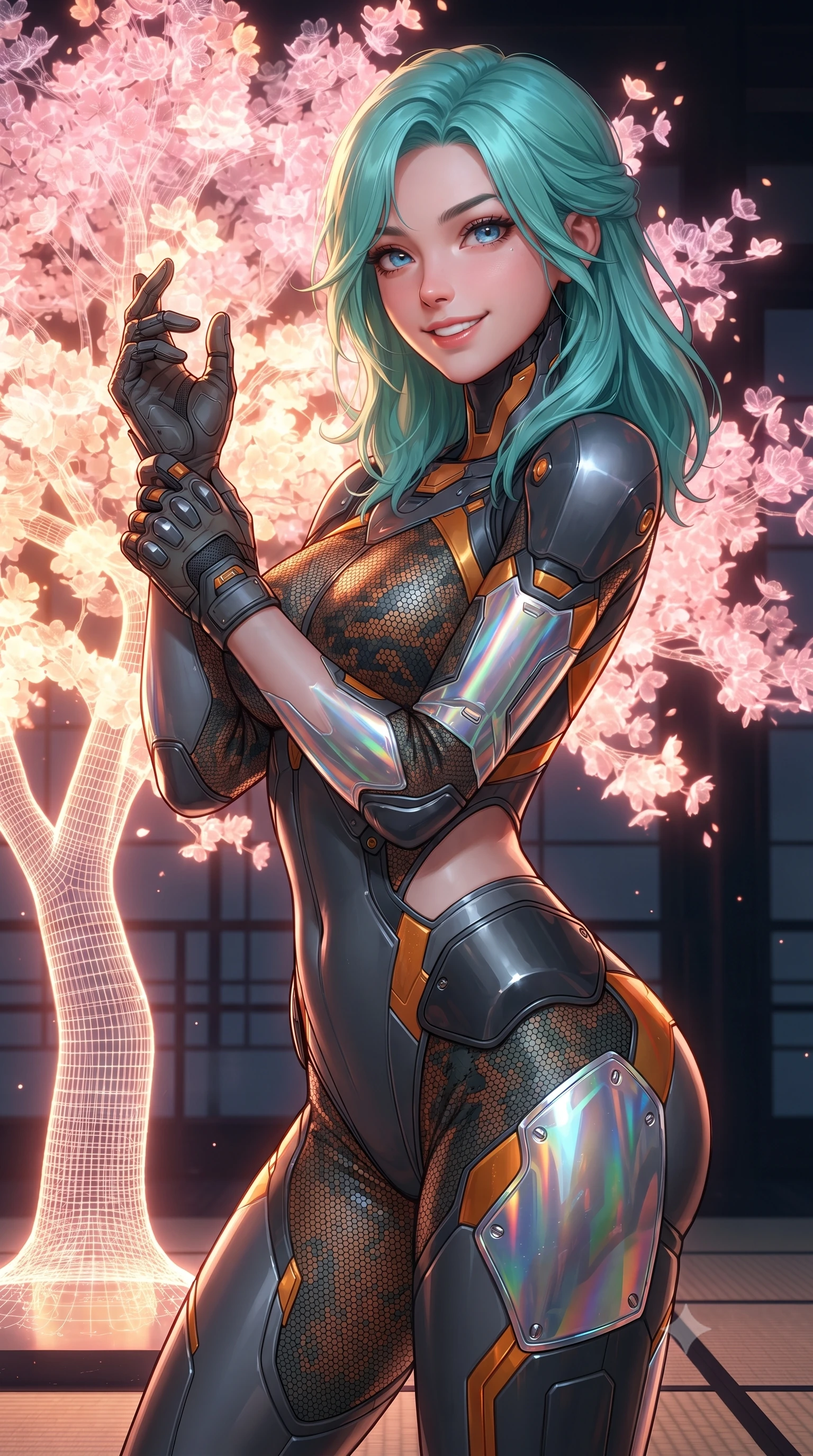 score_9, masterpiece, best quality, ultra-detailed, high-budget anime keyframe, editorial fashion photography, tasteful artistic composition, Japanese woman. close-up cowboy shot from the waist and thighs up, the character dominates the composition, filling the frame with her large presence. adjusting her tactical glove with cool confidence, her bright smile capturing fresh girlhood charm while her arched torso reveals an intoxicating hip contour while standing poised beside a glowing holographic cherry blossom tree with hips cocked back, looking into the camera with bedroom-eyes. The surrounding environment is rendered in vivid detail and crisp panoramic clarity: sharp glass tatami grid lines, black lacquer pillar reflections, and digital petal wireframe clarity in deep focus. She has an exceptionally elegant, slender, and willowy female figure with an ultra-slim waist, flat toned midriff, narrow ribcage, and sculpted feminine hips creating an alluring, slim hourglass silhouette without bulk. sharp v-shaped jawline, high-bridge nose, intricate jewel-like sparkling eyes with depth, thick eyelashes, glossy parted lips with a natural sheen, bright confident smile with an enchanting and coquettish sensual glint, exuding both youthful magnetic charm and sovereign high-tech allure, flawlessly proportioned anatomical accuracy, strict slender model proportions, natural body alignment, perfectly sculpted long slender limbs, ultra-slim waistline, clean dynamic posture without body distortion. wearing a second-skin cybernetic stealth suit with active-camo optical mesh and sculpted carbon hip guards in stealth charcoal slate and molten laser orange, woven from layered gossamer holographic organza casting chromatic prism reflections, accented with strategically placed chrome armor plate guards covering key curves, the precision-cut side openings and low-back scoop framing her graceful spine and the sensual sweep of her slim, toned hips. bathed in soft, romantic cherry-pink and warm amber holographic glow. ultra-reflective glossy finish, specular highlights, rich textural contrasts, high-contrast stereoscopic depth, volumetric dynamic lighting, 2k, ultra detail, master piece, 9:16 ratio