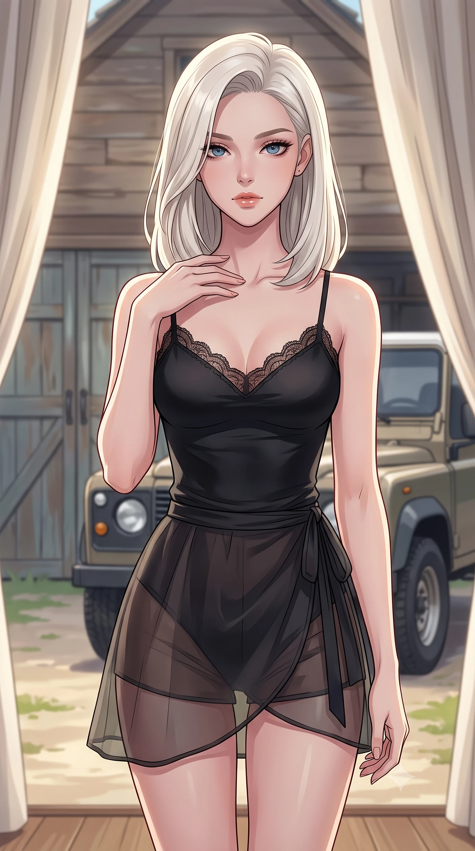score_9, masterpiece, best quality, ultra-detailed, high-budget anime keyframe, tasteful artistic composition, Caucasian woman. close-up cowboy shot from the waist and thighs up, the character dominates the composition, filling the frame with her large presence, background elements kept in soft focus. standing with one hand resting on her collarbone, looking at the viewer with bedroom-eyes the background shows a soft-focus a cozy cottage garage with wooden doors and a parked classic utility vehicle. She has an exceptionally elegant, slender, and willowy female figure with an ultra-slim waist, a gracefully sculpted slender torso, and a refined silhouette. sharp v-shaped jawline, high-bridge nose, intricate jewel-like eyes with depth, thick eyelashes, glossy lips with a natural sheen. wearing a body-hugging delicate lace-trim camisole in black silk, paired with a sheer organza wrap skirt and shorts. soft afternoon daylight filtered through drapes, creating a serene, dreamy mood. highly saturated vibrant anime colors, cel-shading, 2d style, master piece, 9:16 ratio